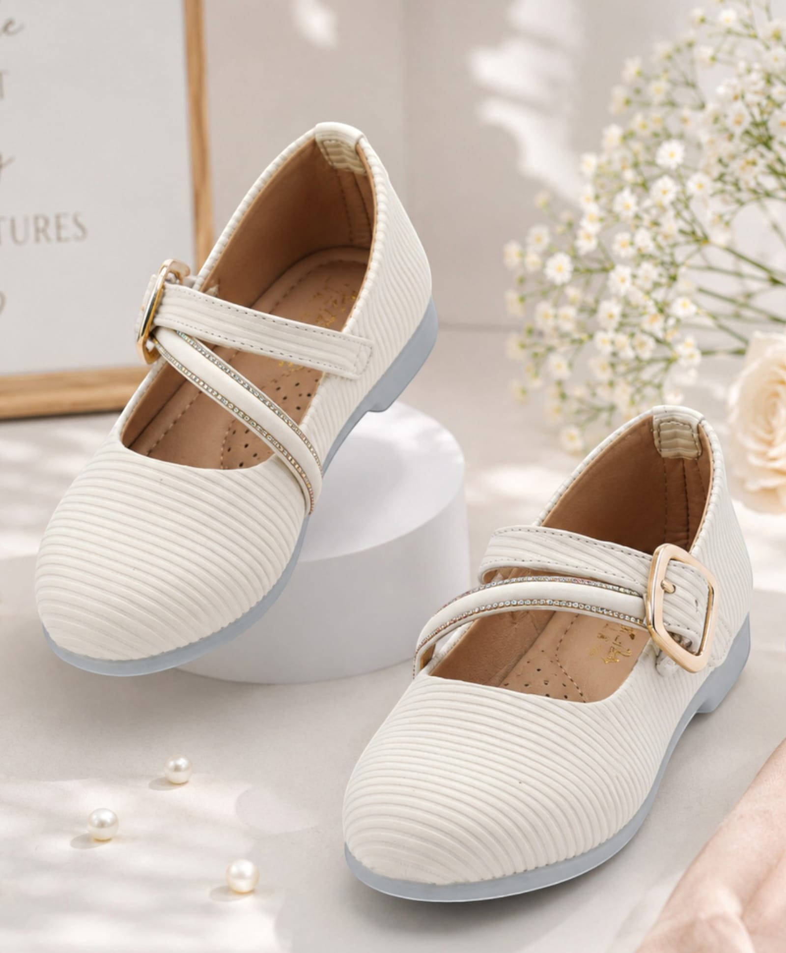Freeplay Stones Embellished Buckle Closure Mary Jane Ballerinas - White-picture-45