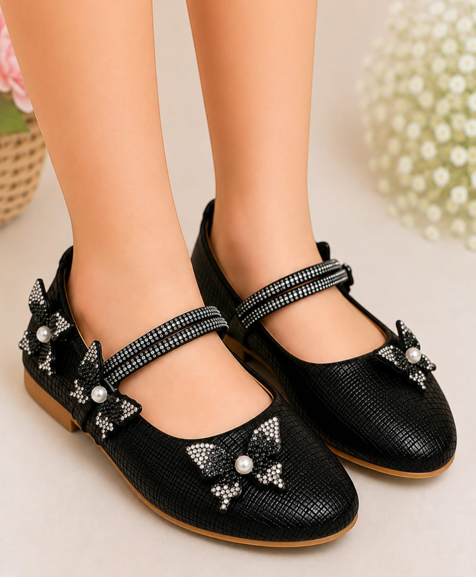 Freeplay Stones Embellished Butterfly Detailed Velcro Closure Mary Jane Ballerinas - Black-picture-24
