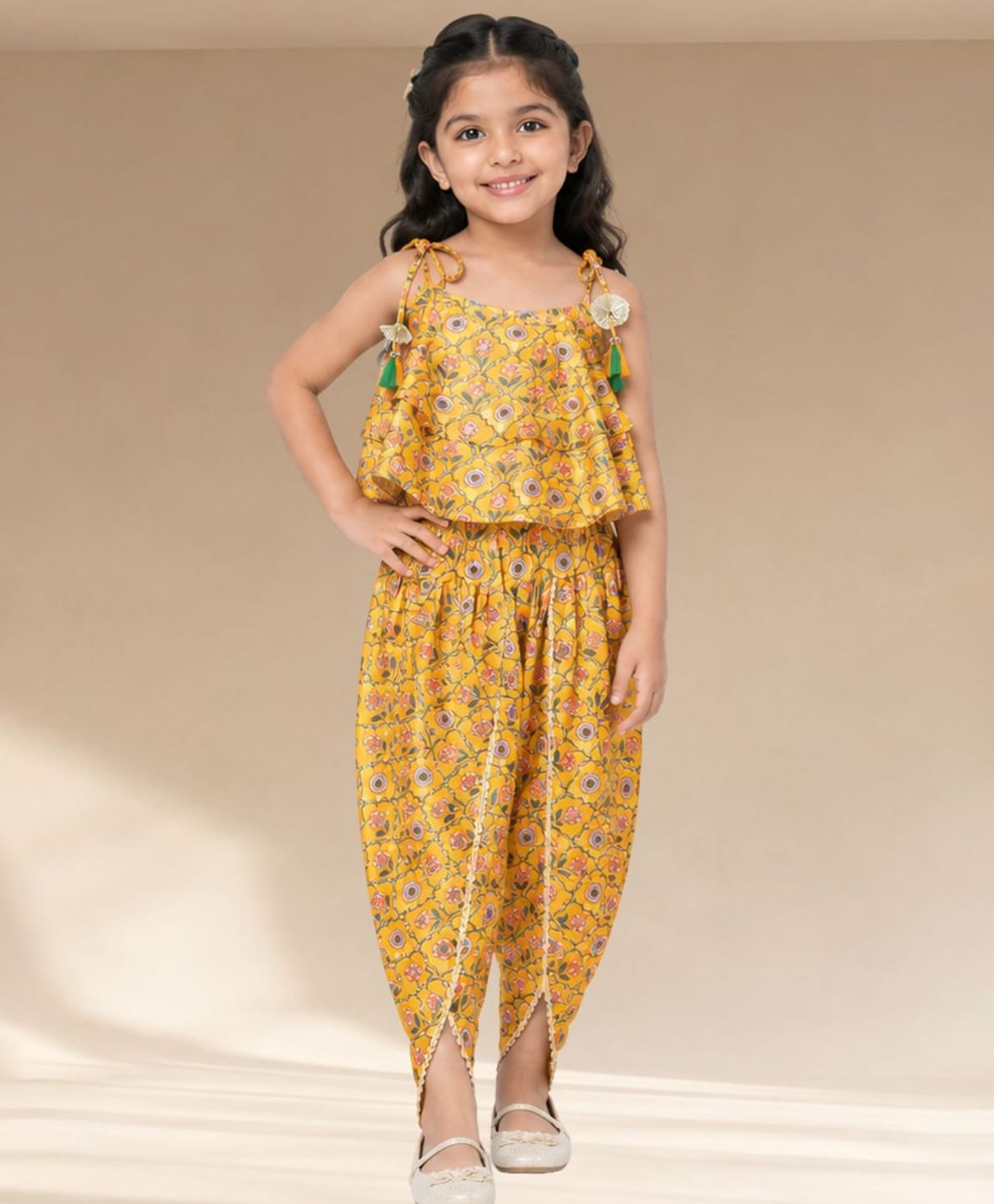 Lil' Drama Knit Sleeveless Floral Printed Coordinating Top Dhoti Set - Mustard-image-41