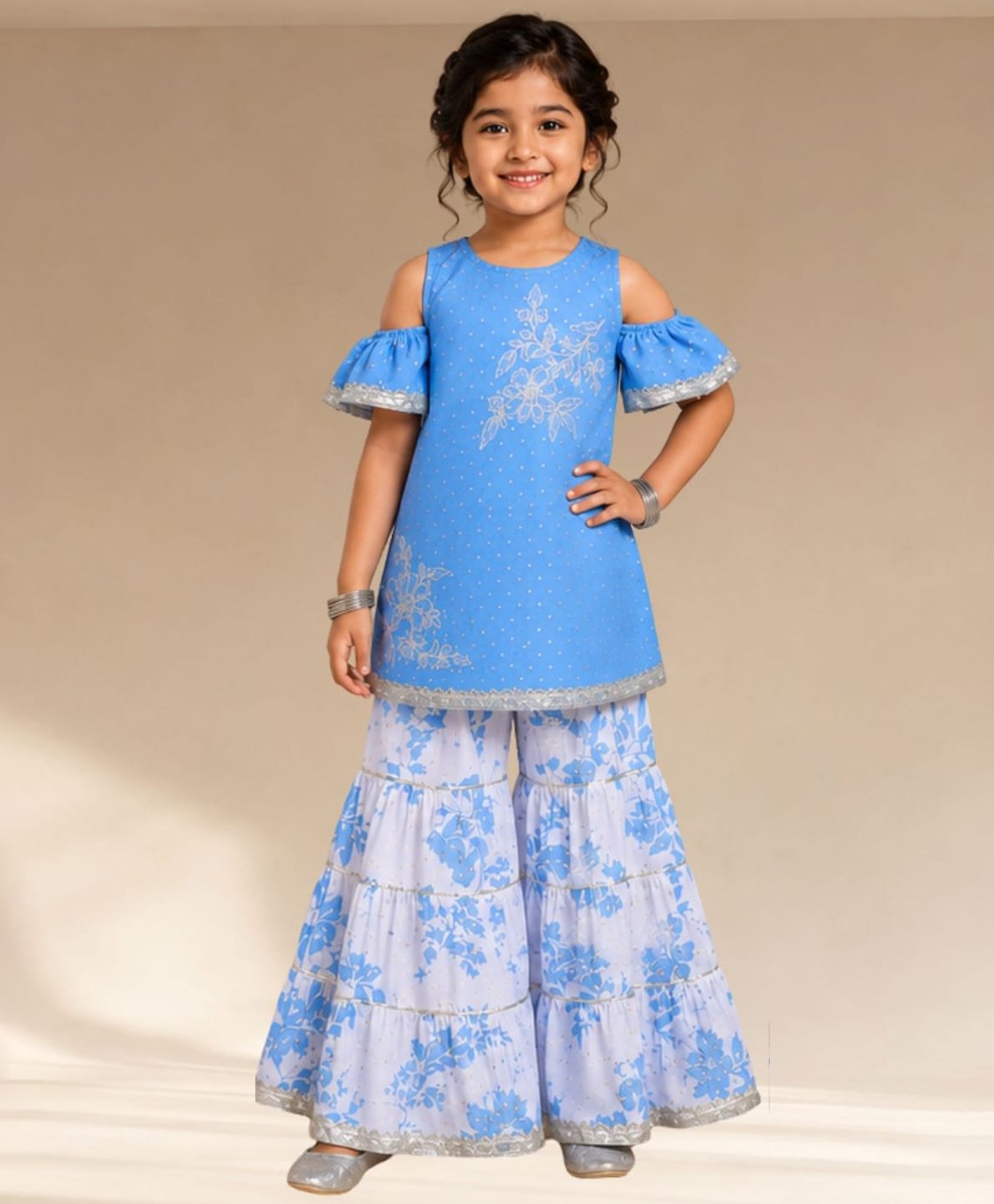 Lil' Drama Cotton Knit Cold Shoulder Floral Embroidered & Lace Embellished Kurti Sharara Set - Blue-picture-25