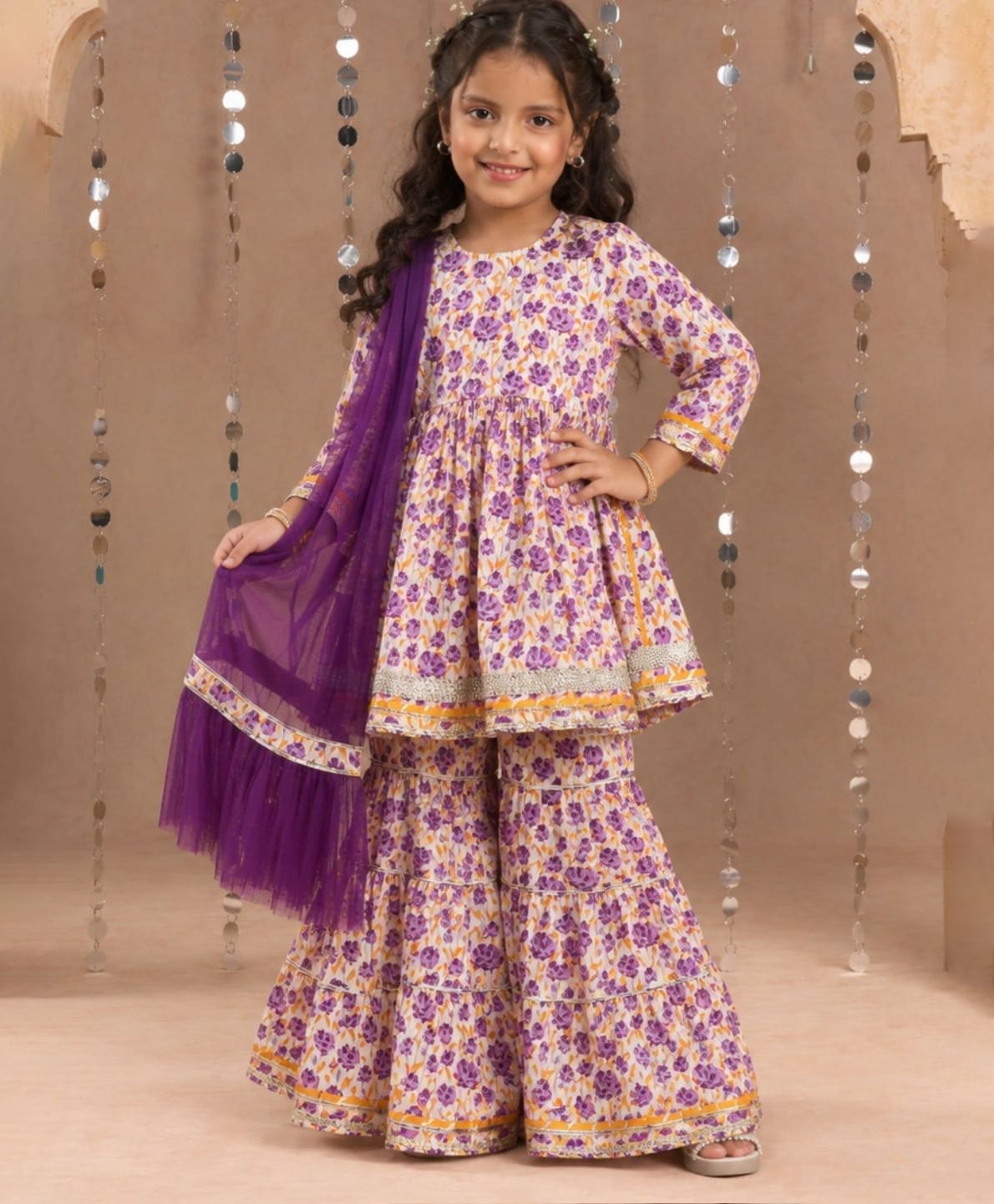 Lil' Drama Cotton Knit Three Fourth Sleeves Floral Printed & Lace Embellished Coordinating Kurti Sharara With Dupatta Set - Purple-picture-25