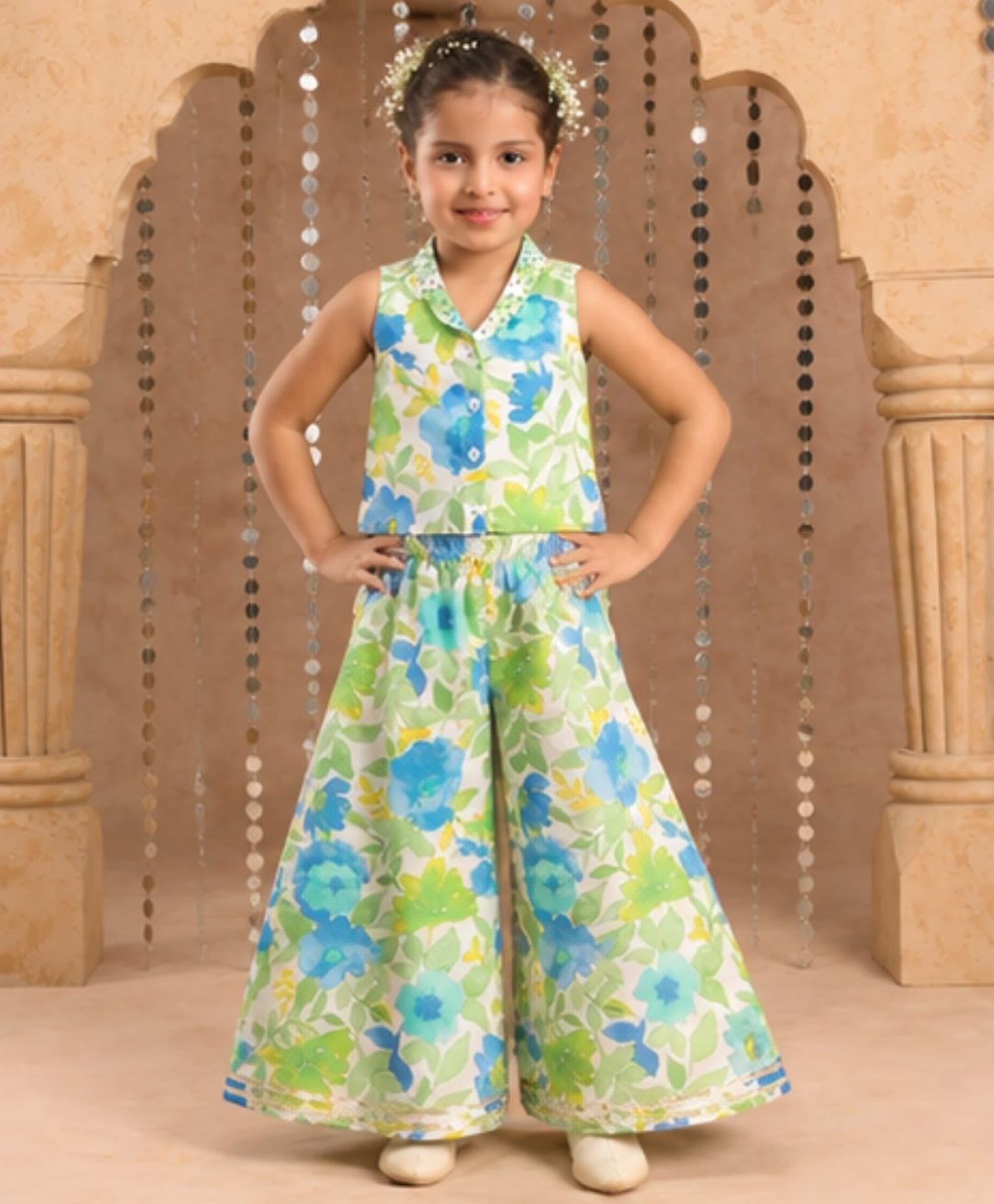 Lil' Drama Cotton Woven Sleeveless Floral Printed Coordinating Top & Palazzo Set - Green-image-33