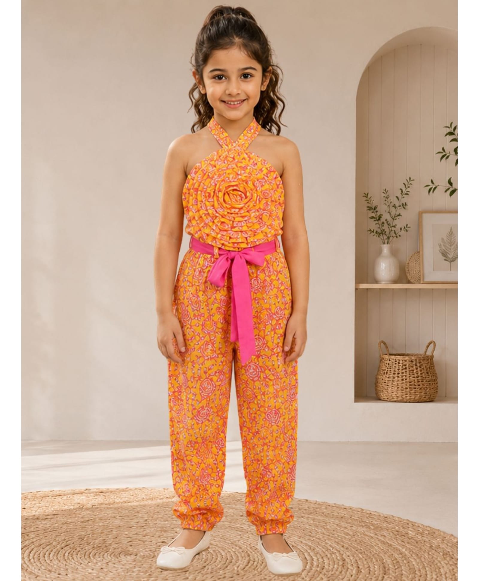 Lil' Drama Cotton Knit Sleeveless Floral Applique Detailed & Printed Coordinating Top & Palazzo Set - Yellow-picture-19