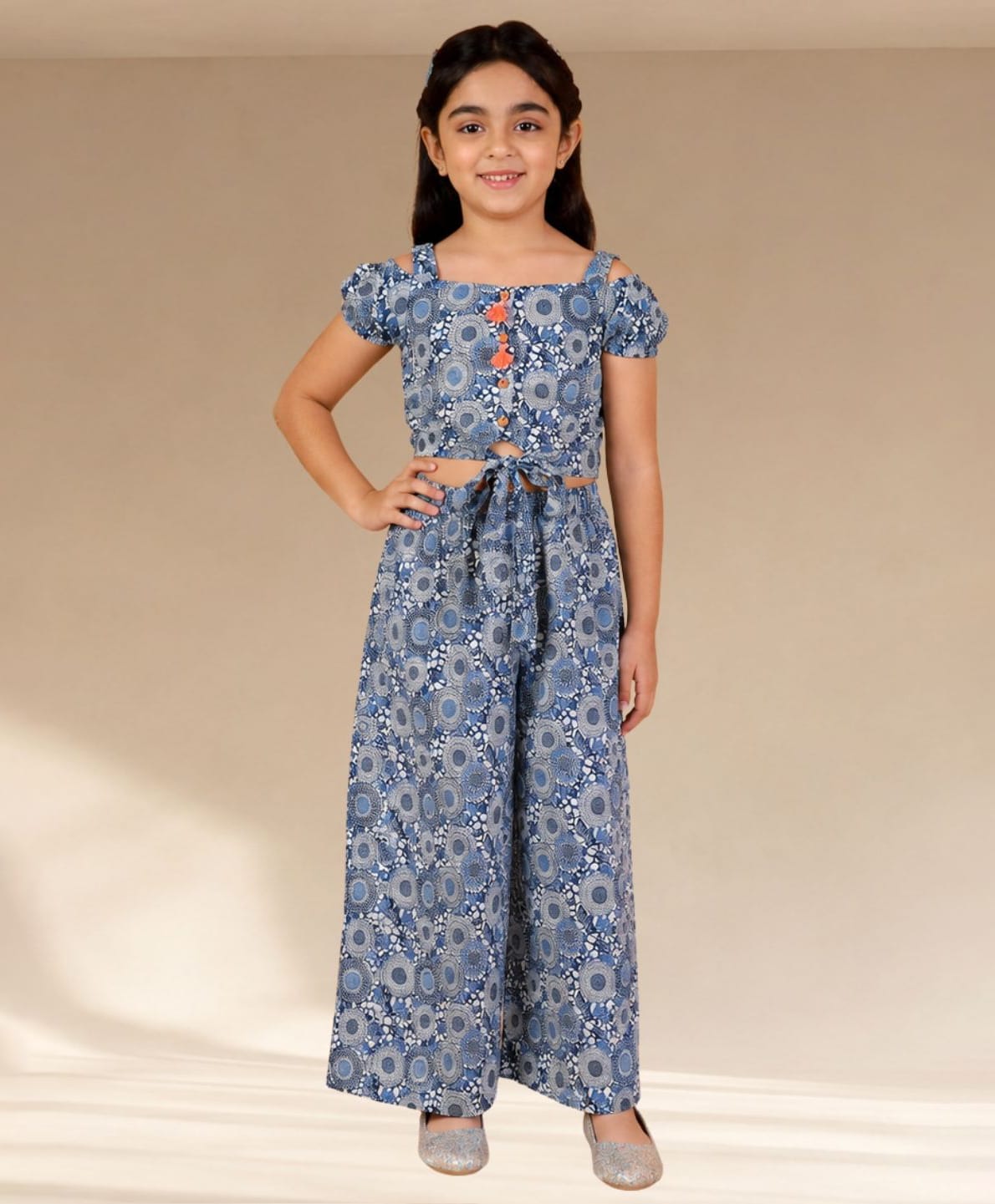 Lil' Drama Cotton Knit Cold Shoulder Half Sleeves Floral Printed Coordinating Crop Top Pants Set - Blue-picture-11