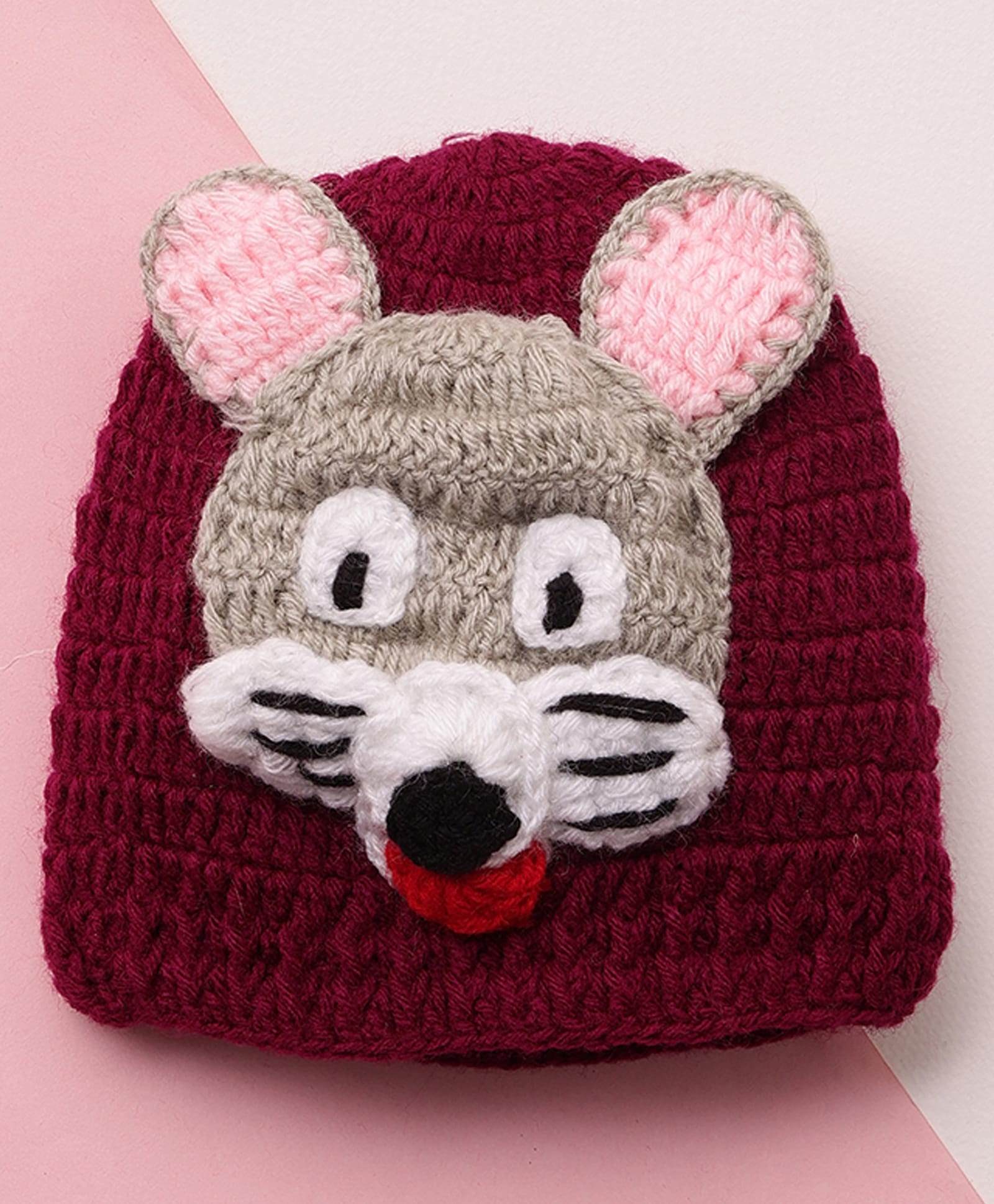 MayRa Knits Hand Knitted Woven Animal Designed Cap - Magenta Circumference - 32 Cms-picture-15