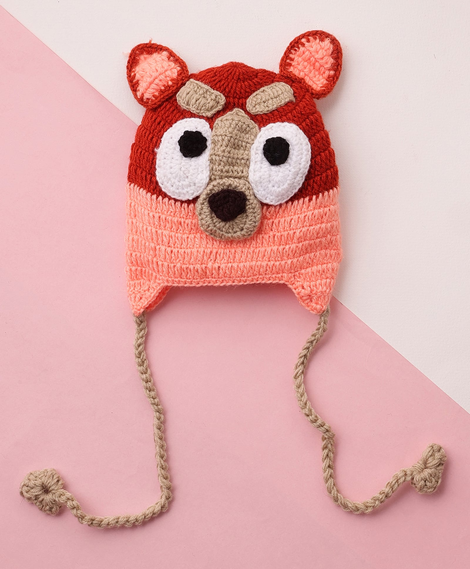 MayRa Knits Hand Knitted Woven Animal Designed Cap - Peach Circumference - 28 Cms-image-9