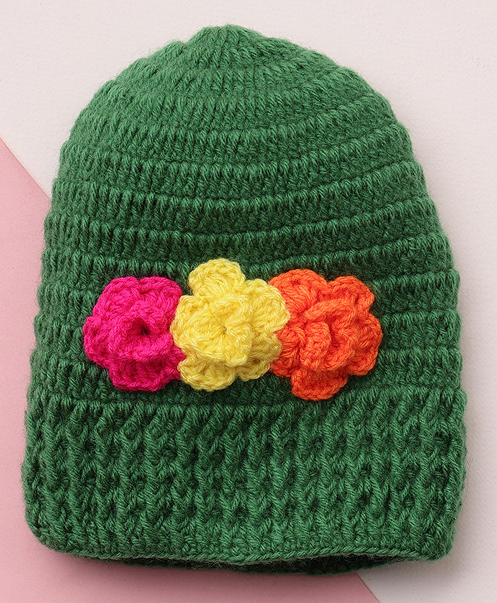 MayRa Knits Hand Knitted Woven Floral Designed Cap - Green Circumference - 25 Cms-picture-24