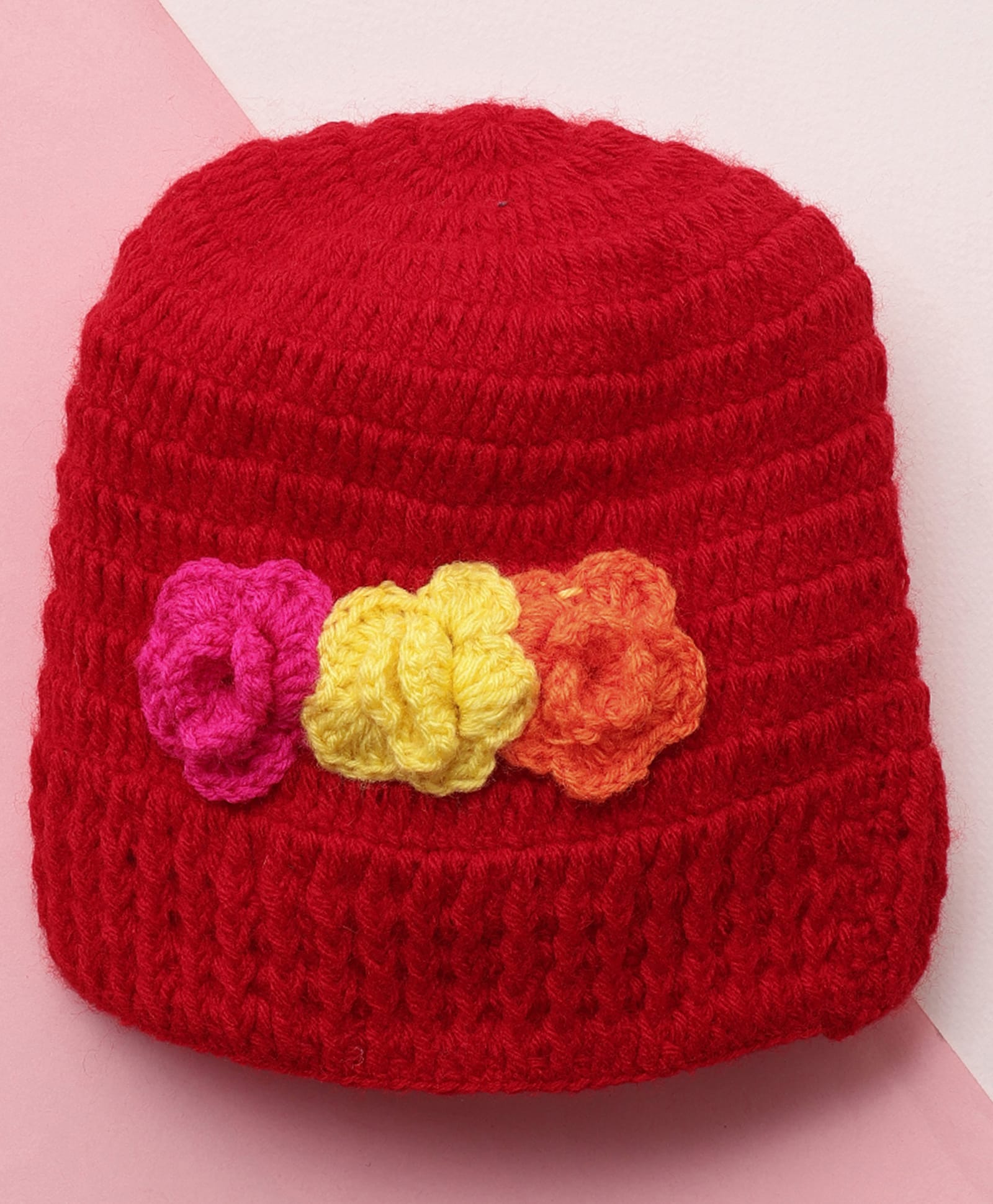 MayRa Knits Hand Knitted Woven Floral Designed Cap - Red Circumference - 25 Cms-picture-11