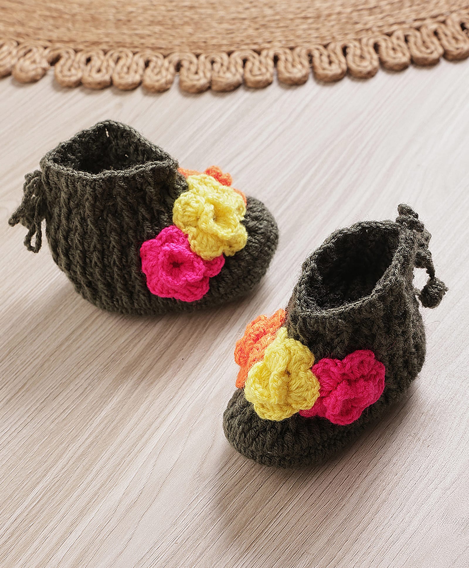 MayRa Knits Hand Knitted Floral Designed Booties - Black-picture-23