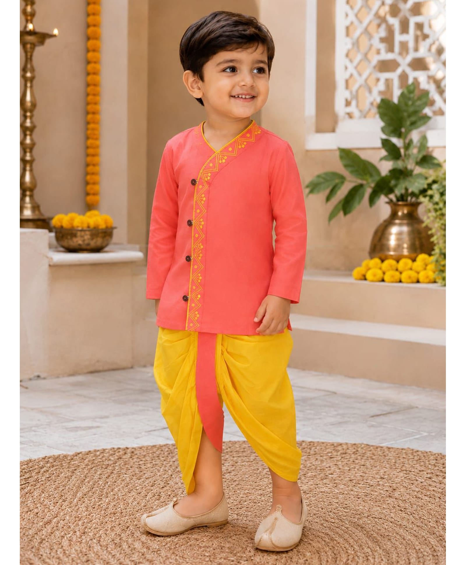 Saka Designs By Sapna Pure Cotton Woven Full Sleeves Ethnic Motifs Embroidered Angrakha Dhoti Kurta Set - Orange-picture-11
