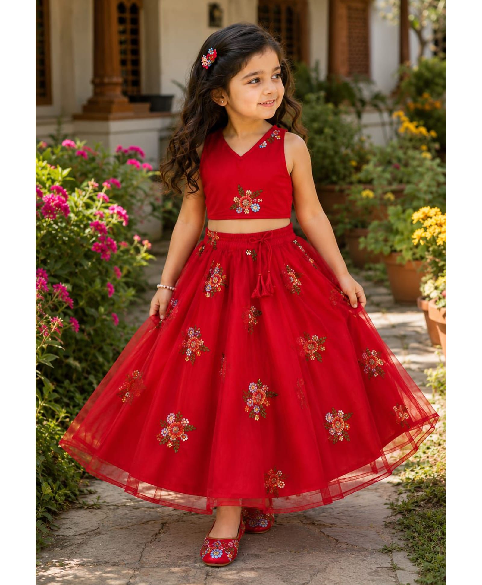 Saka Designs By Sapna Organza Woven Sleeveless Floral Embroidered Lehenga Choli Set - Red-picture-38