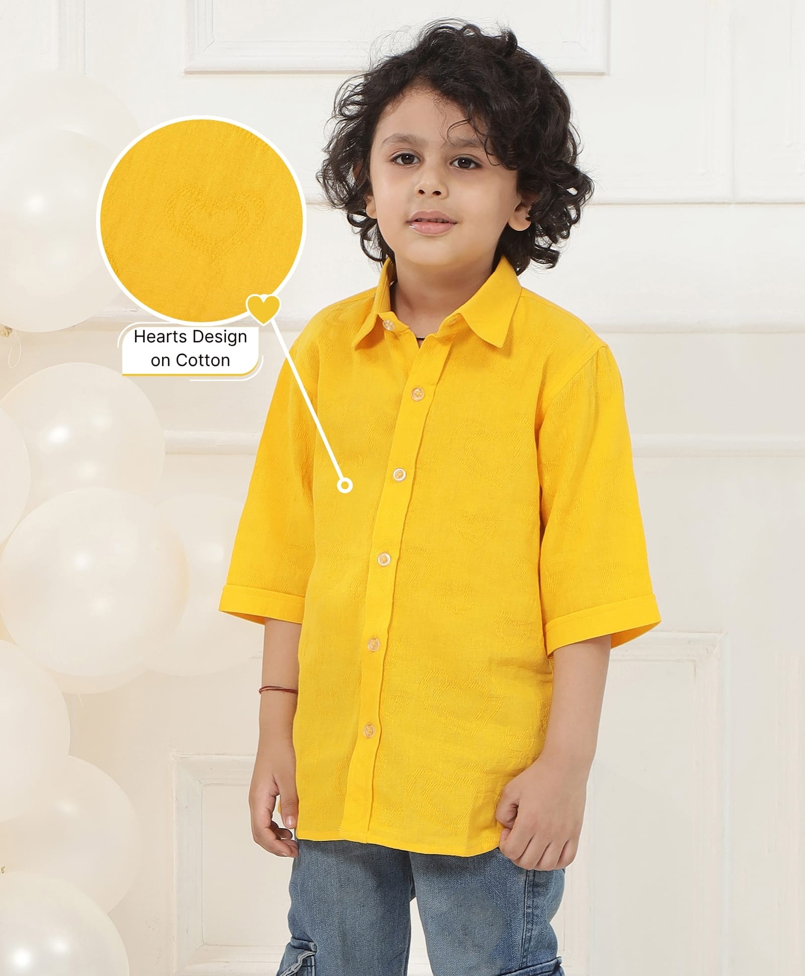 Little Bansi Cotton Woven Three Fourth Sleeves Hearts Embroidered Shirt - Yellow-picture-39