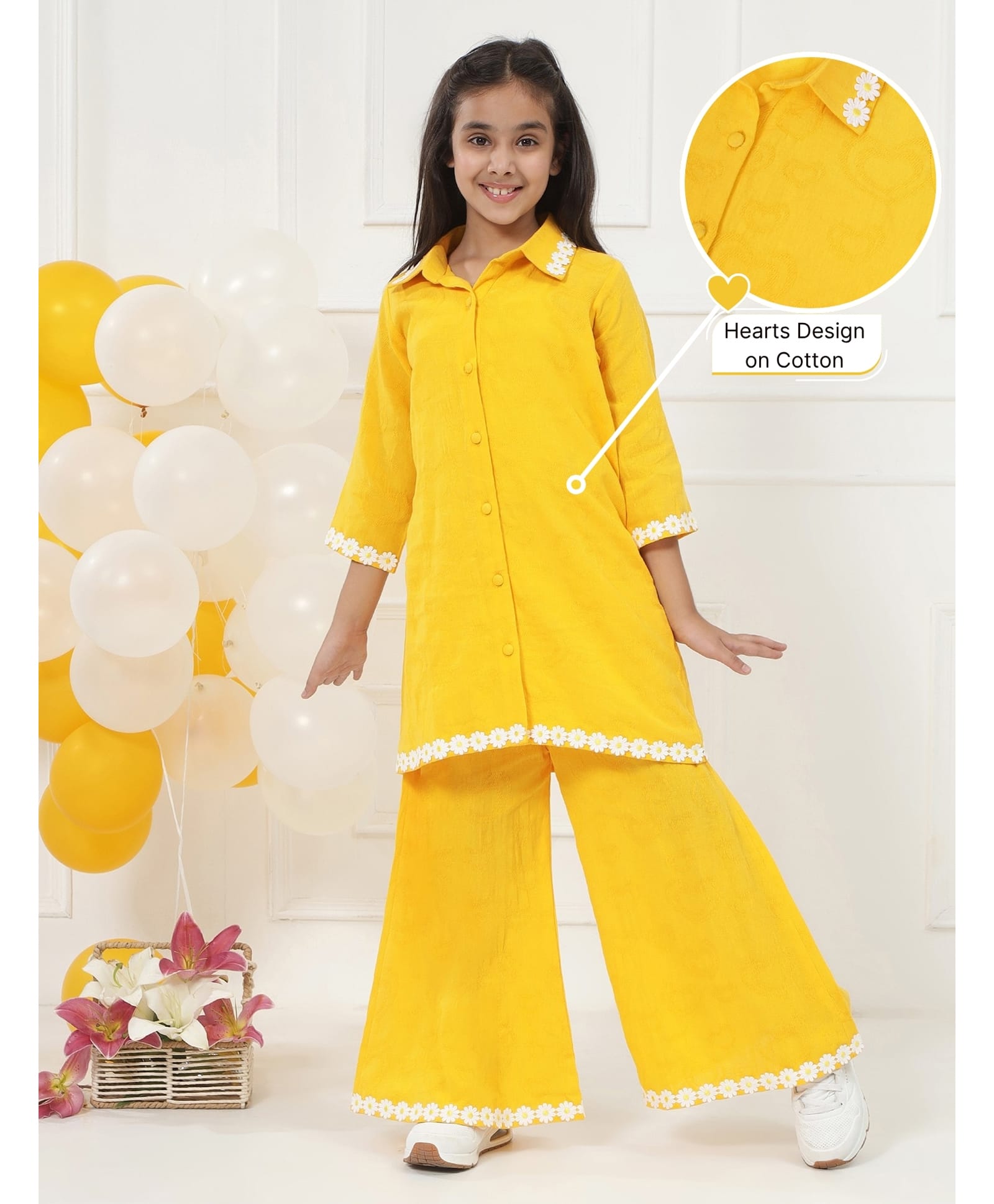 Little Bansi Cotton Woven Three Fourth Sleeves Hearts Embroidered & Floral Applique Trim Detailed Kurti Palazzo Set - Yellow-picture-35