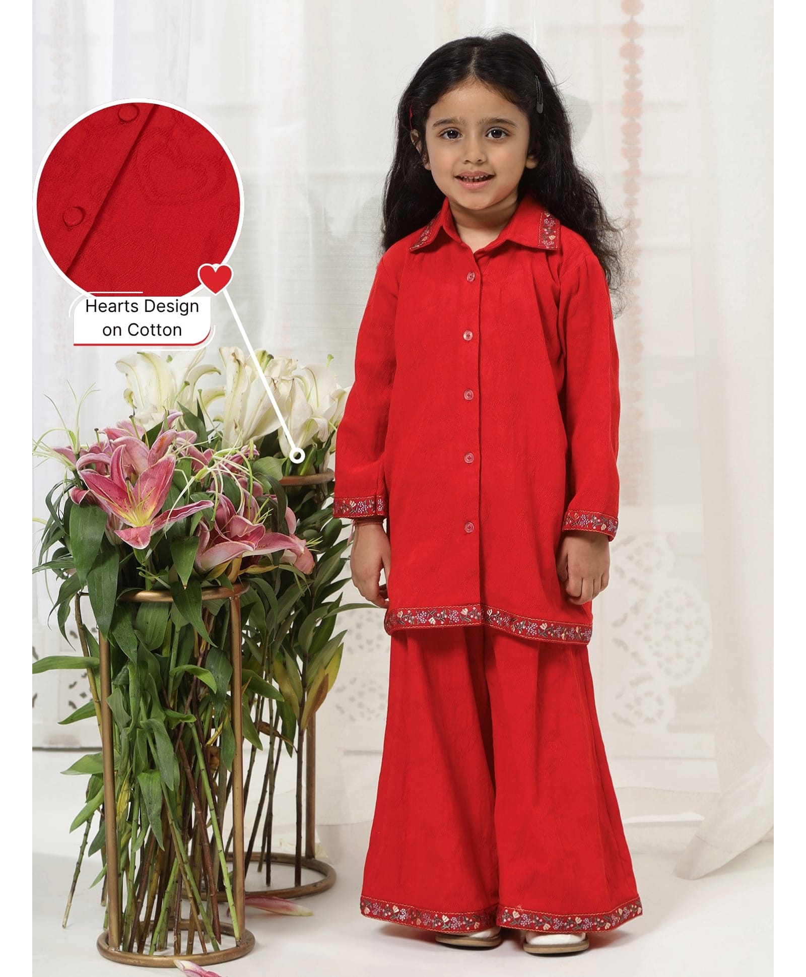 Little Bansi Girls Cotton Woven Three Fourth Sleeves Hearts Embroidered & Floral Design Trim Detailed Kurti Palazzo Set - Red-picture-14