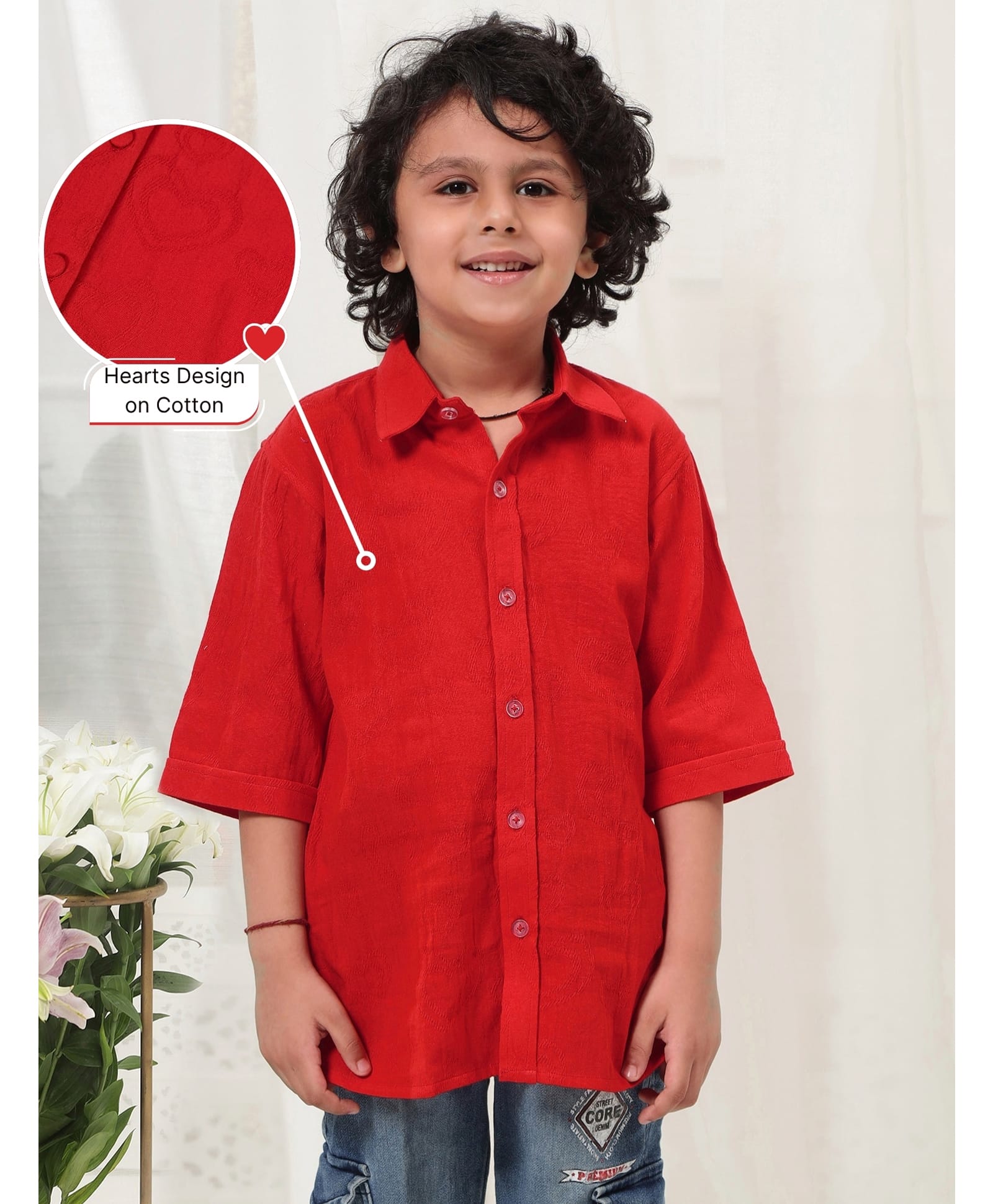 Little Bansi Cotton Woven Three Fourth Sleeves Hearts Embroidered Shirt - Red-picture-14