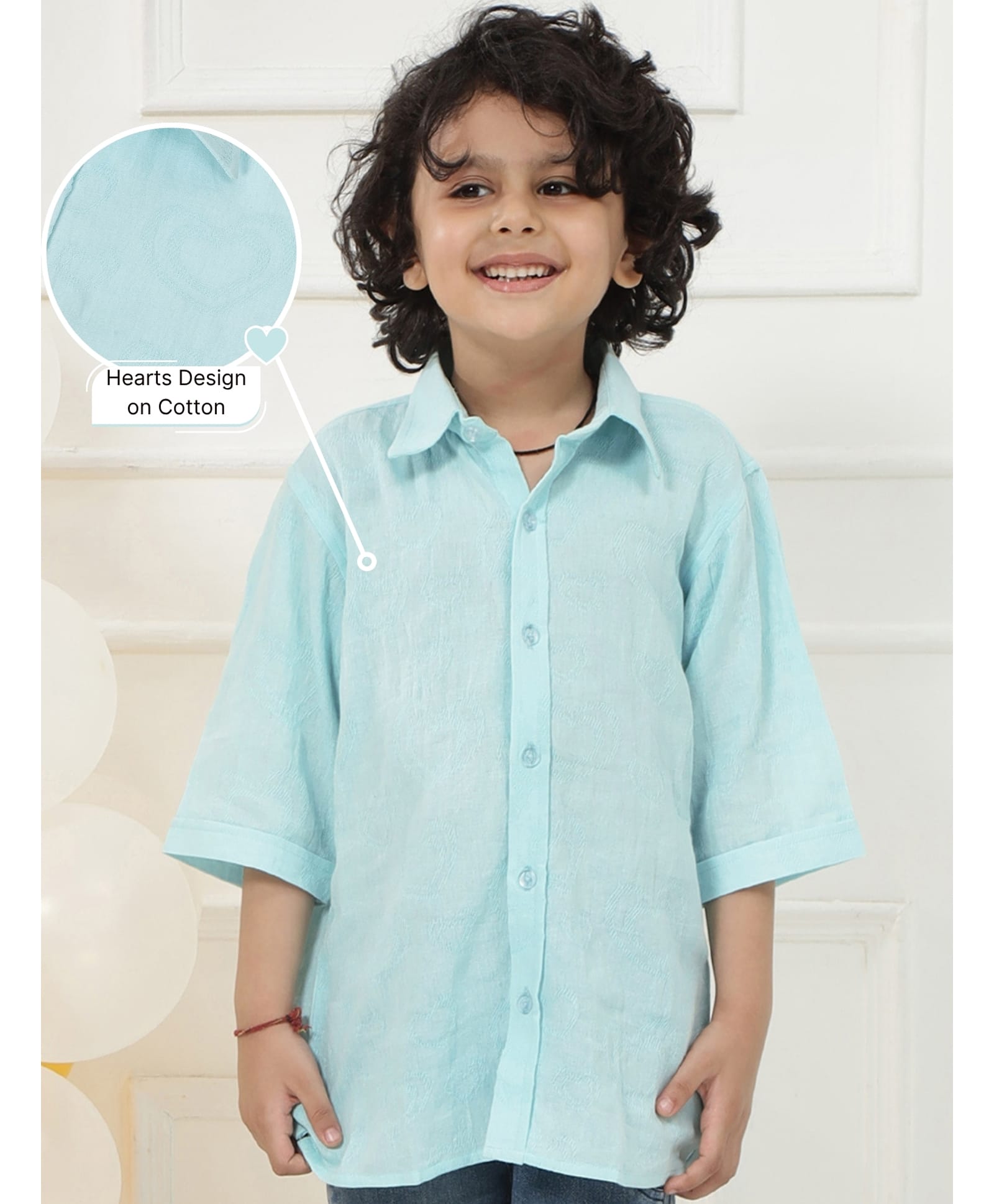 Little Bansi Cotton Woven Three Fourth Sleeves Hearts Embroidered Shirt - Blue-picture-3