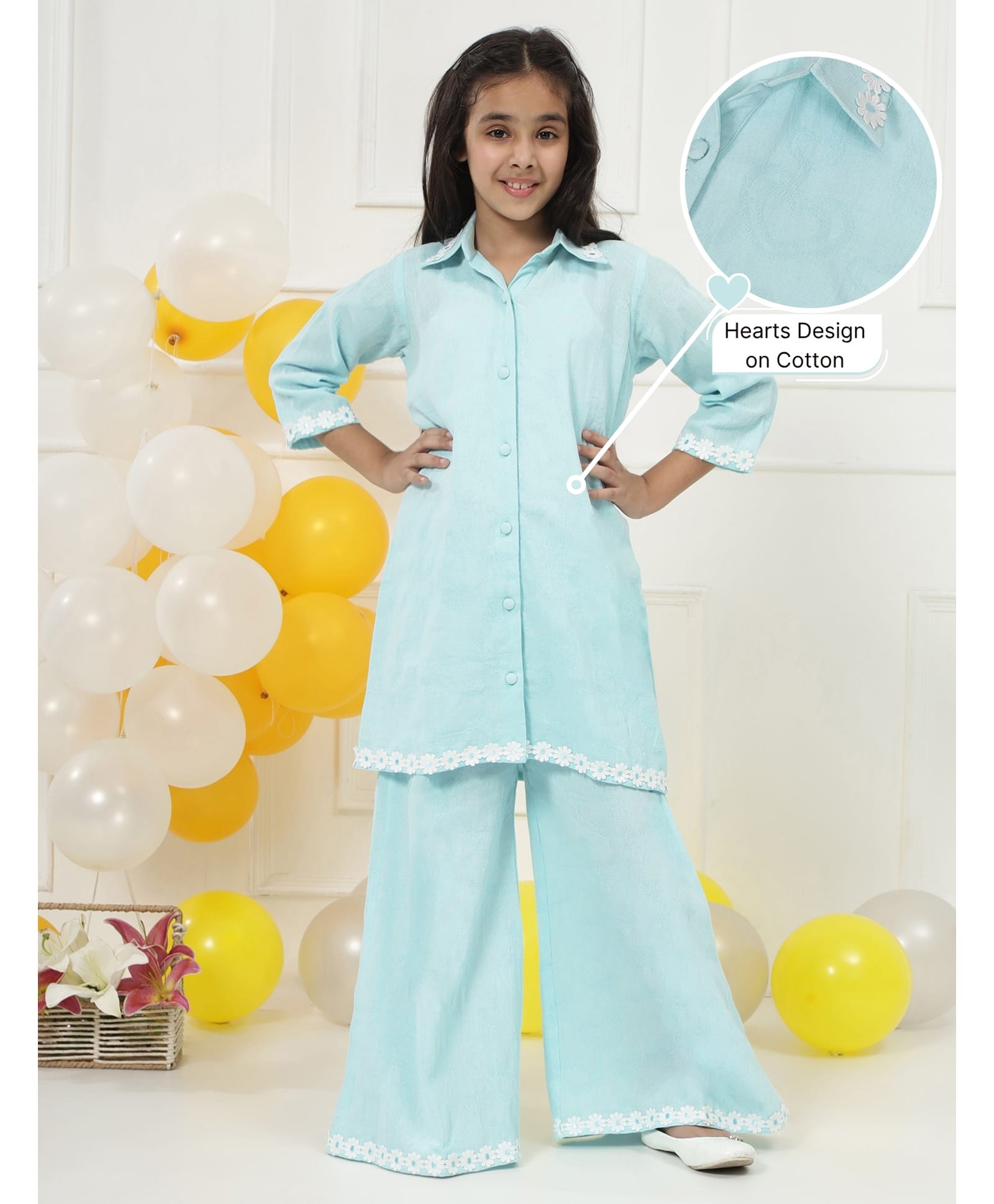 Little Bansi Cotton Woven Three Fourth Sleeves Hearts Embroidered & Floral Applique Trim Detailed Kurti Palazzo Set - Blue-picture-31