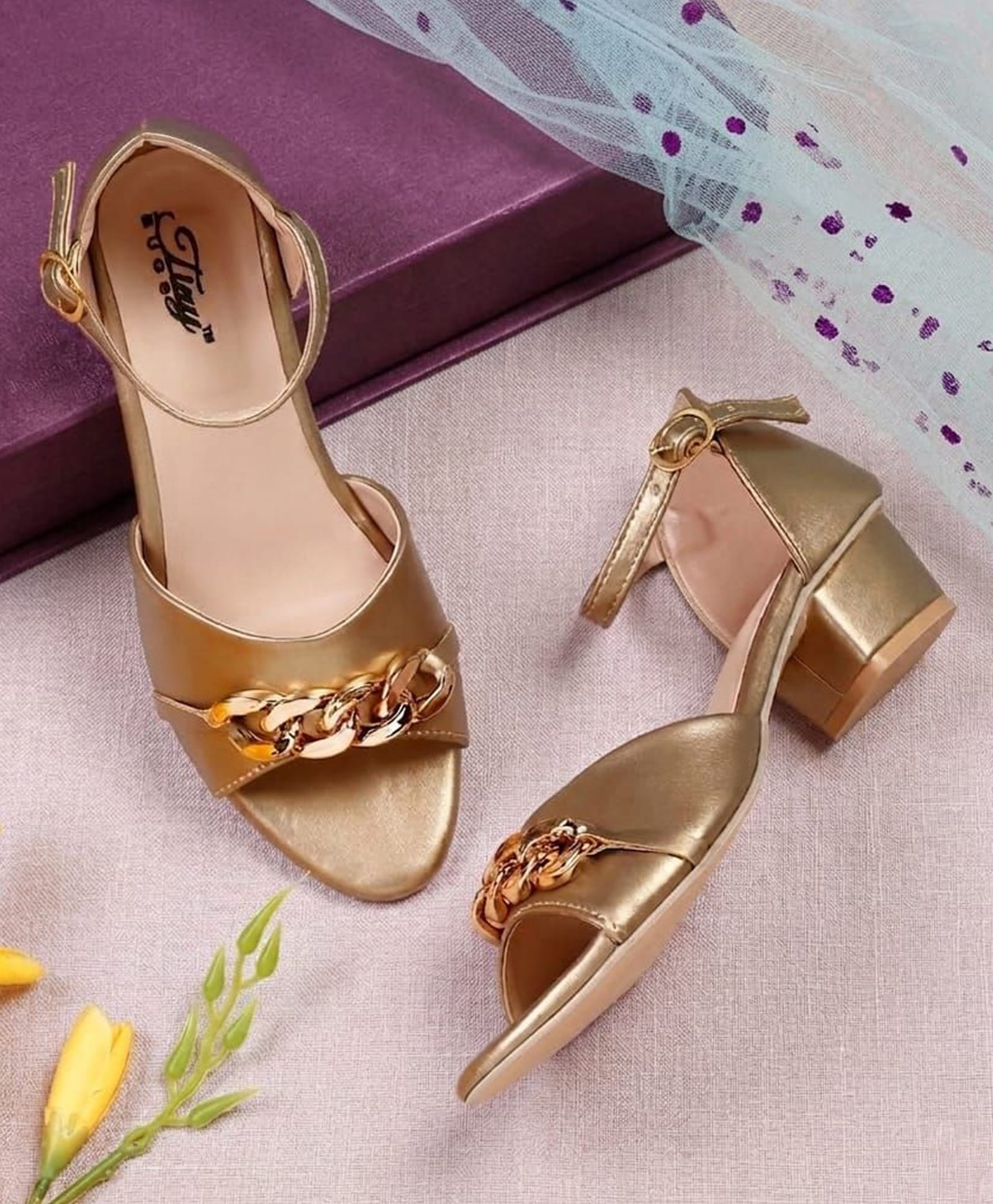 Tiny Bugs Metal Applique Detailed Buckle Closure Heel Sandals - Gold-picture-13