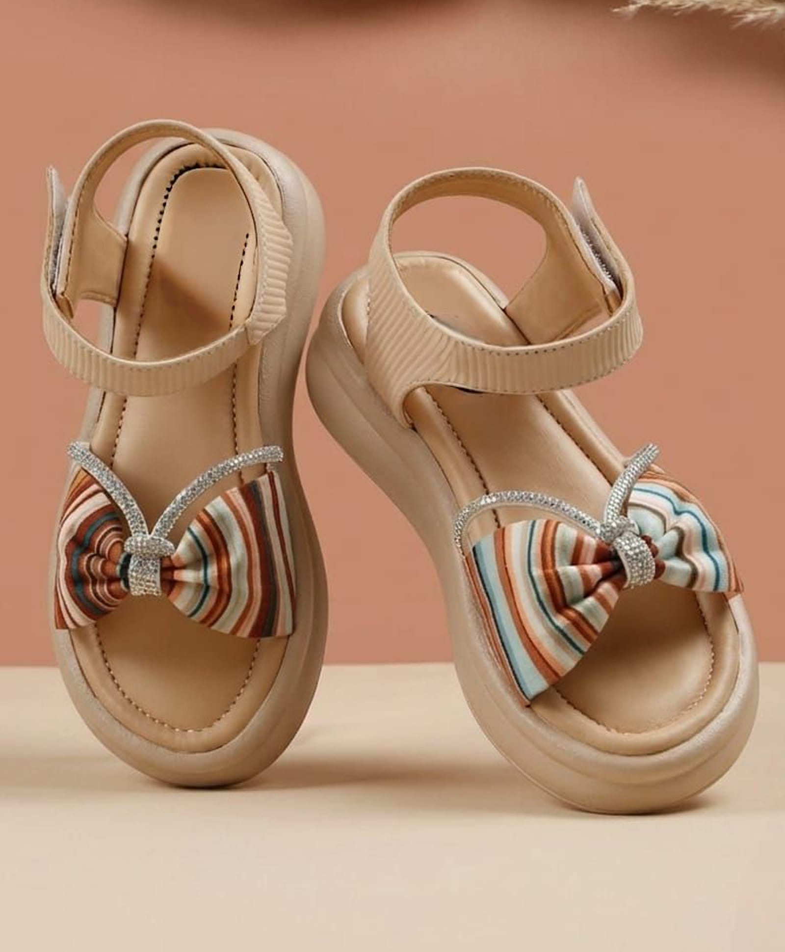 Tiny Bugs Rhinestones Embellished & Striped Bow Applique Detailed Velcro Closure Sandals - Multi Colour-image-9