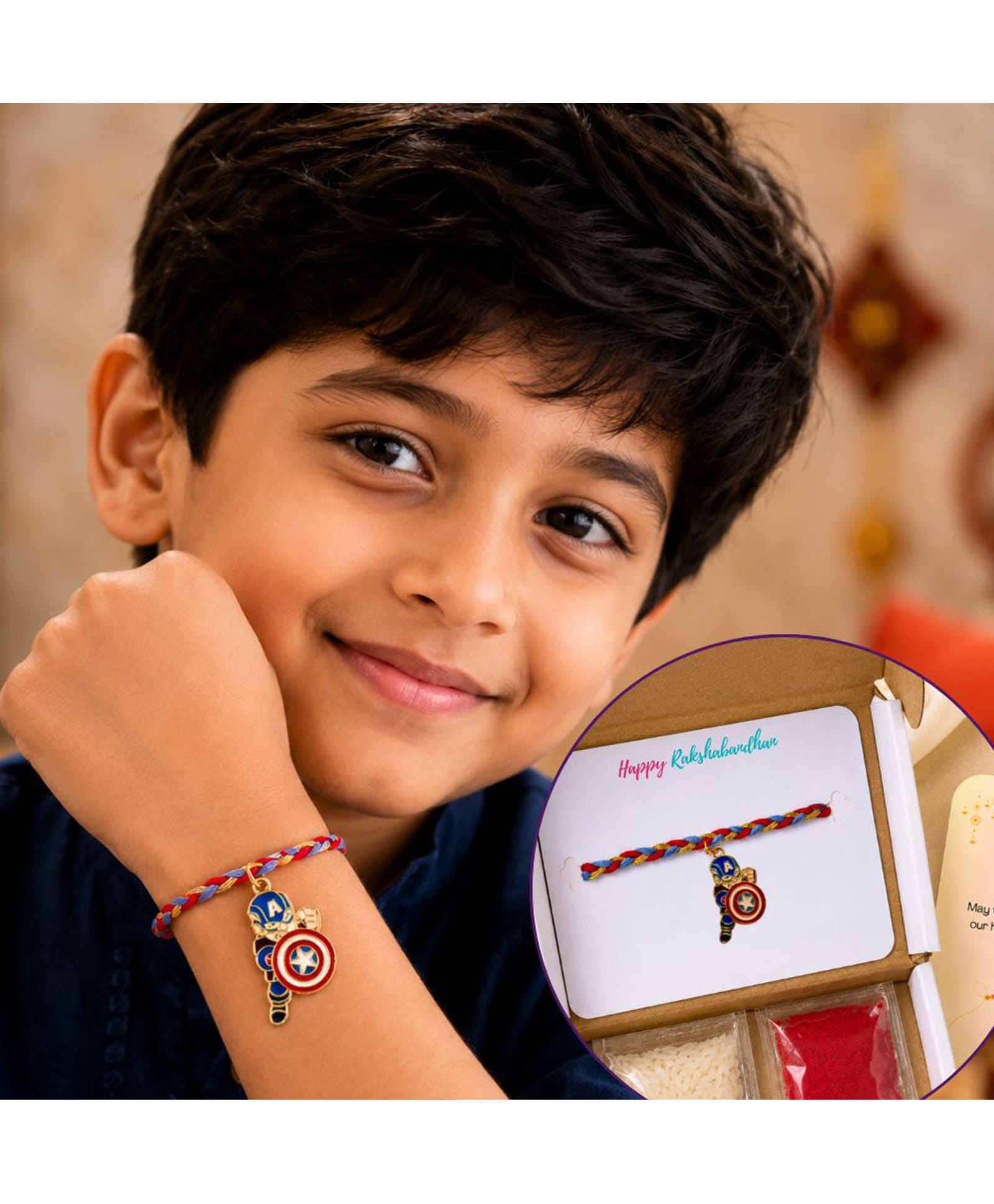 Little Tresses Captain America Rakhi with Roli, Rice & Greeting Card in Box - Blue & Red-picture-11