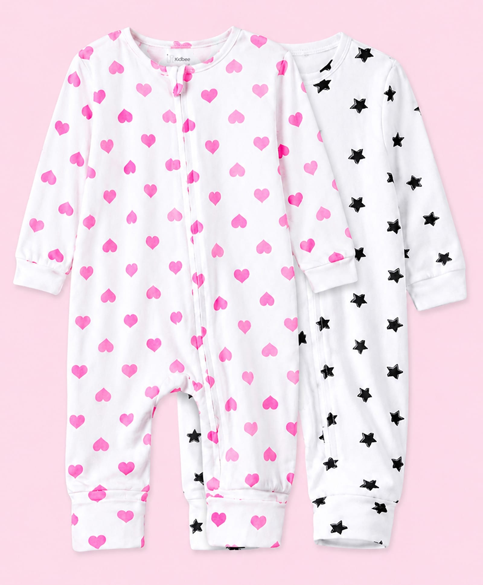 Kidbea Cotton Woven Pack Of 2 Full Sleeves Hearts & Stars Printed Romper - White-image-27