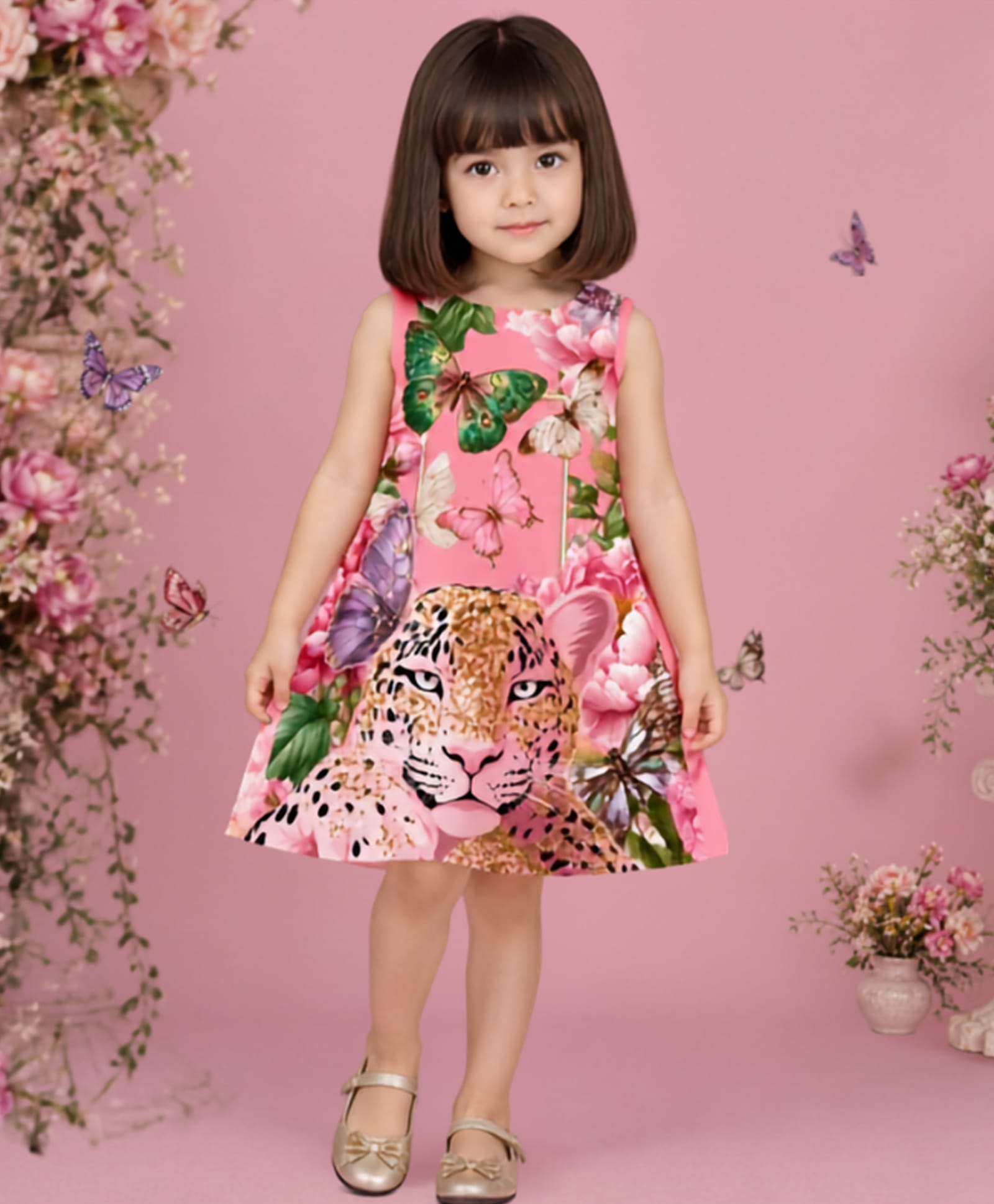 PinkCow Satin Woven Sleeveless Butterflies & Leopard Printed Dress - Pink-image-0