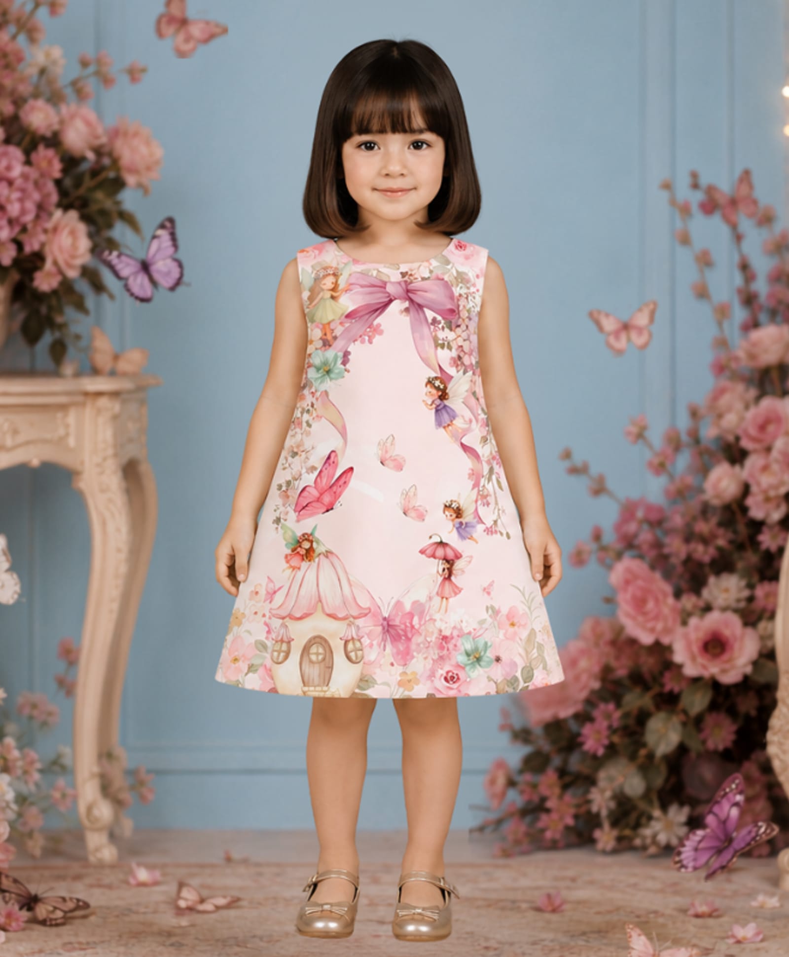 PinkCow Satin Woven Sleeveless Floral & Fairies Printed Dress - Baby Pink-image-1