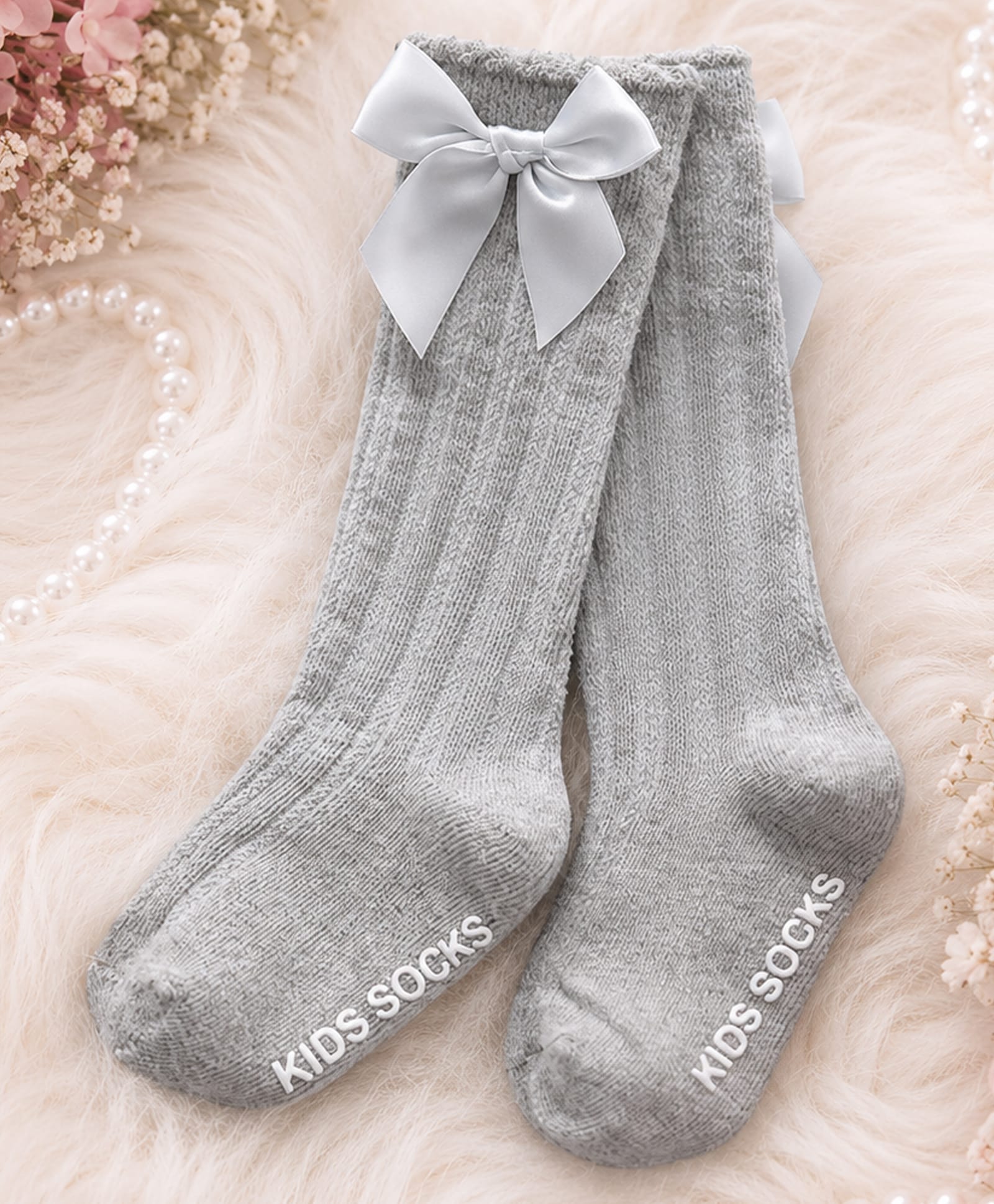 Flaunt Chic Cotton Blend Knit Bow Applique Detailed Socks - Grey-picture-12