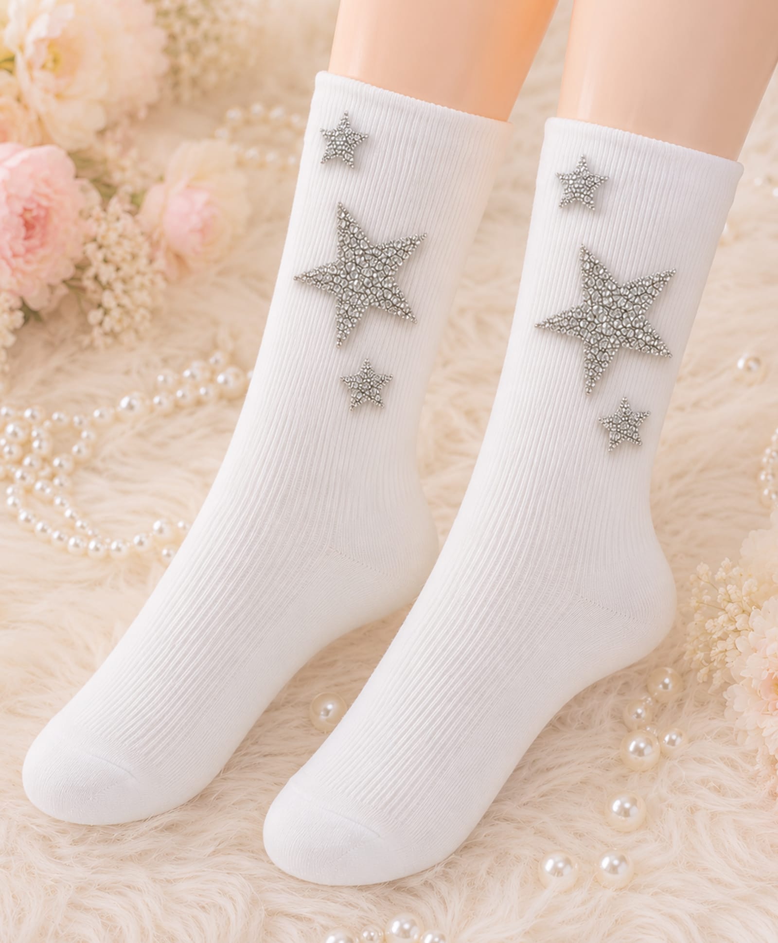 Flaunt Chic Cotton Knit Rhinestone Embellished Stars Applique Detailed Socks - White-image-13