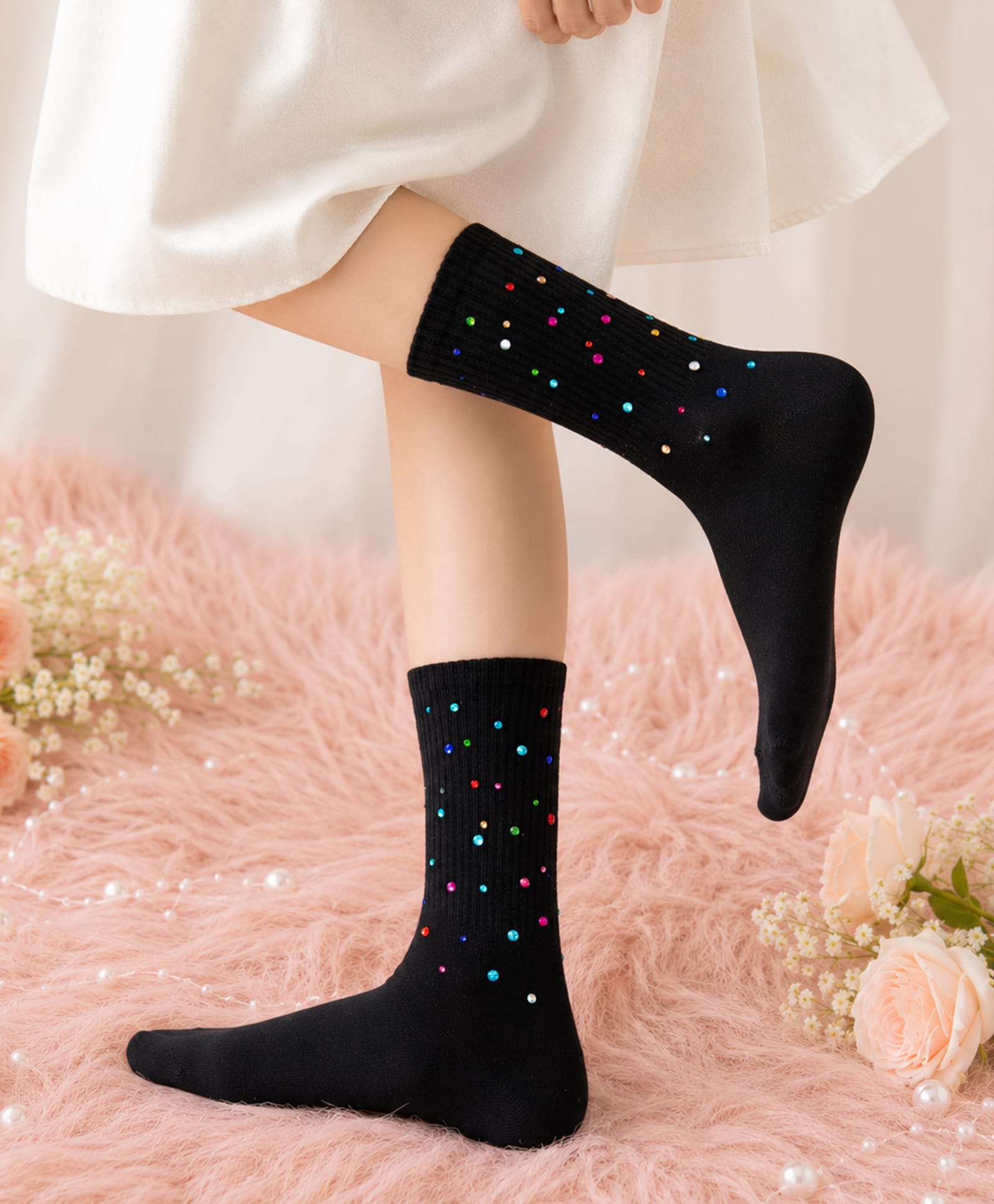 Flaunt Chic Cotton Blend Knit Stones Embellished Socks - Black-image-20