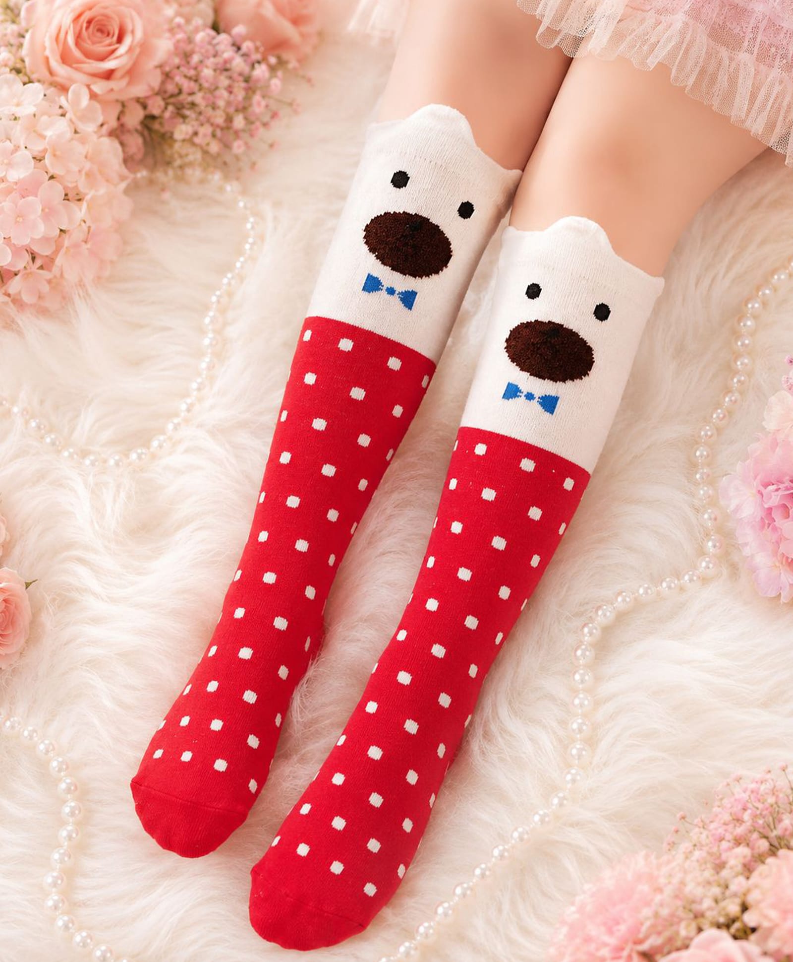 Flaunt Chic Bear Face & Polka Dots Printed Socks - Red-image-46
