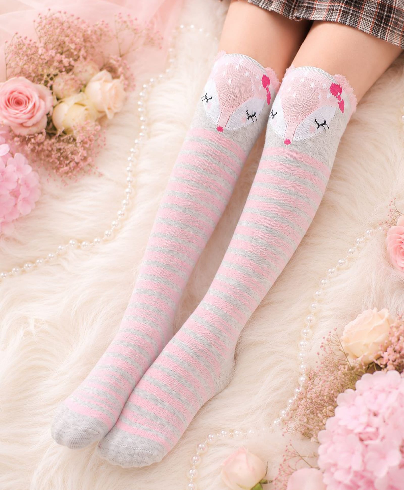 Flaunt Chic Striped & Doe Face Printed Socks - Pink-picture-11