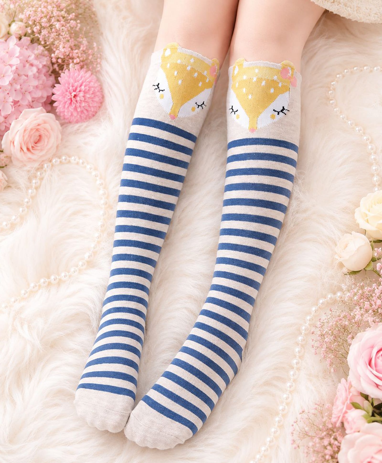 Flaunt Chic Striped & Doe Face Printed Socks - Blue-image-4