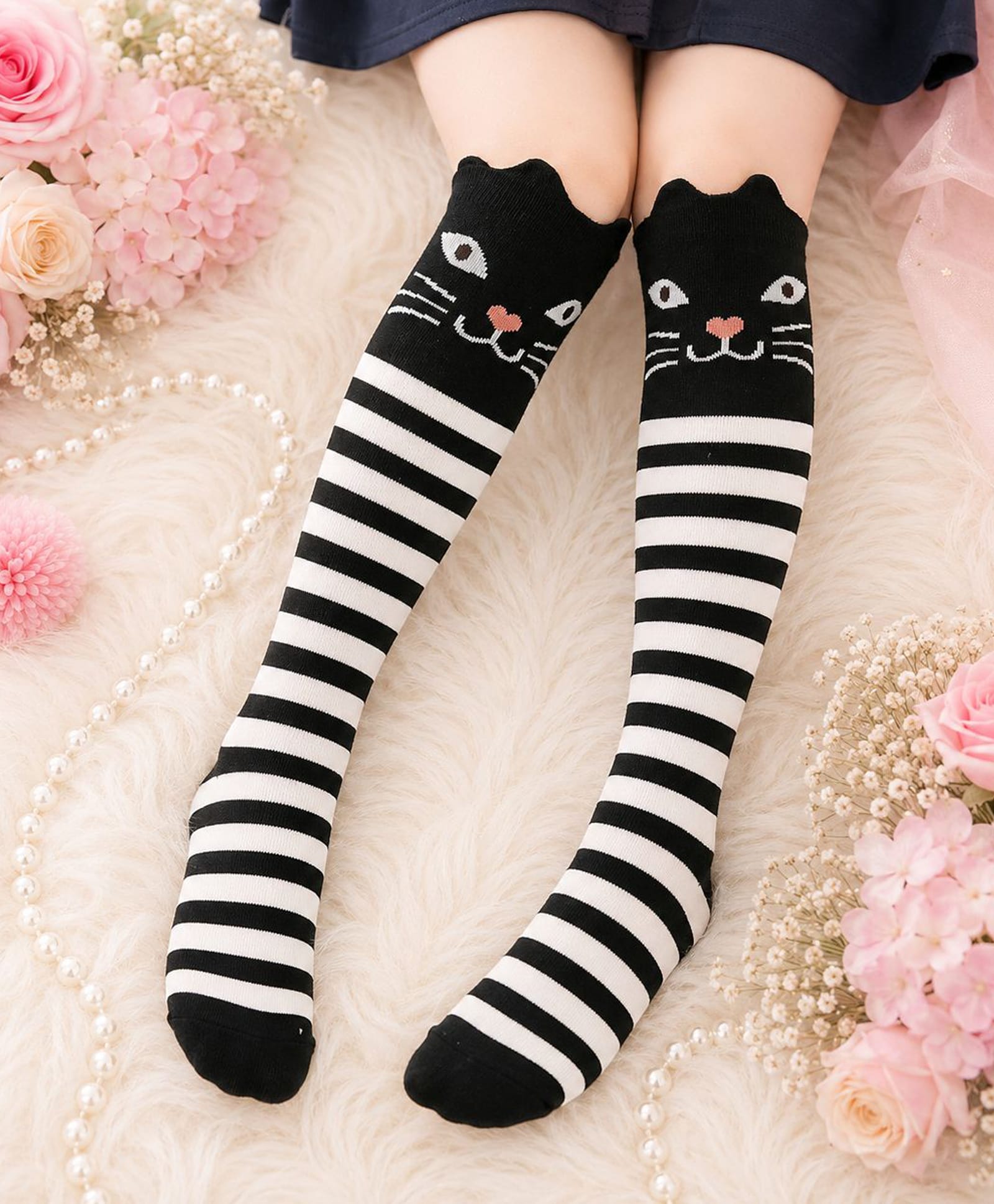 Flaunt Chic Striped & Cat Face Printed Socks - Black-picture-46