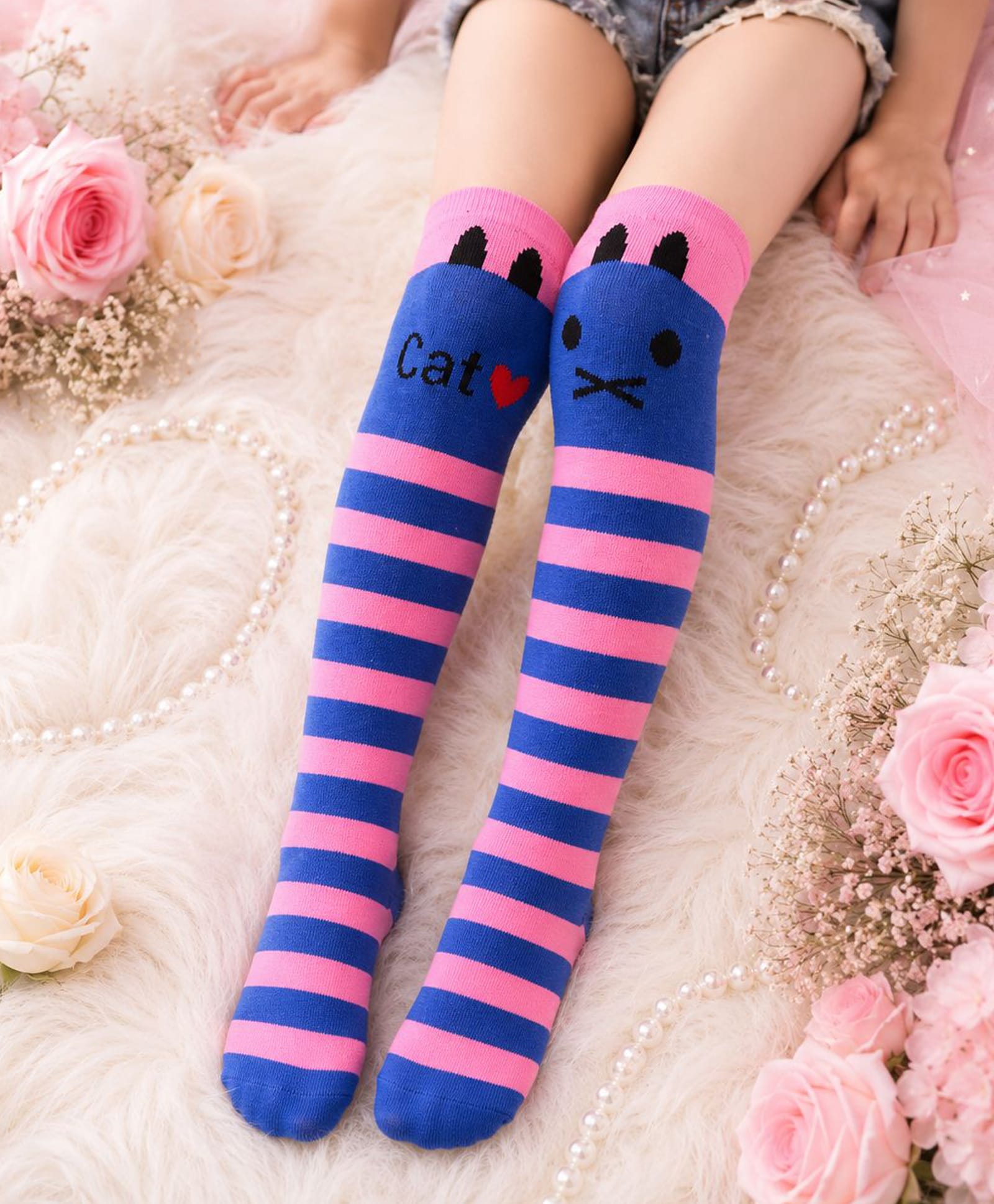 Flaunt Chic Striped & Cat Face Printed Socks - Pink-picture-17