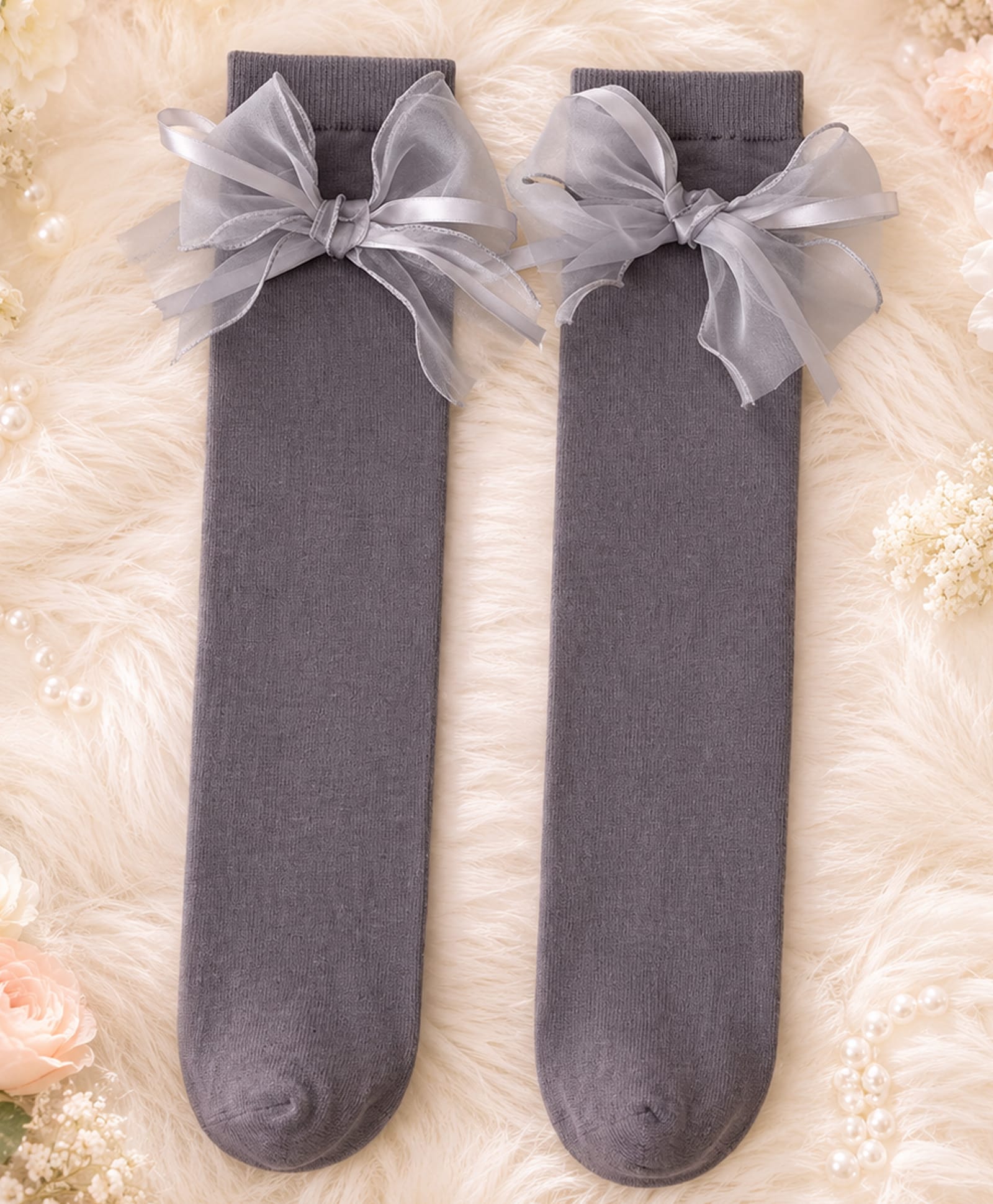 Flaunt Chic Cotton Blend Knit Bow Applique Detailed Socks - Grey-picture-22