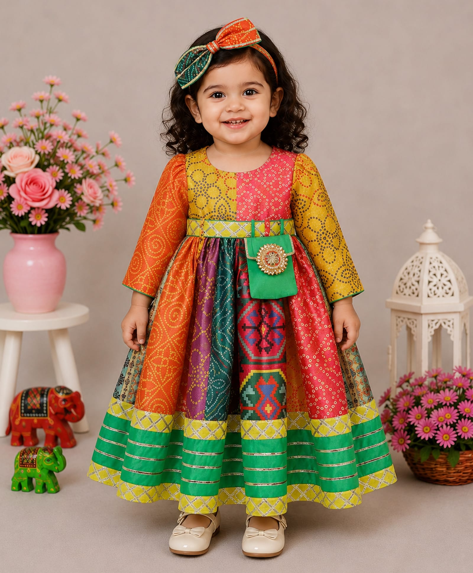 NAVKIYA G Rayon Woven Full Sleeves Colour Blocked Floral Bandhani Printed & Applique Detailed Ethnic Dress - Multi Colour-image-24