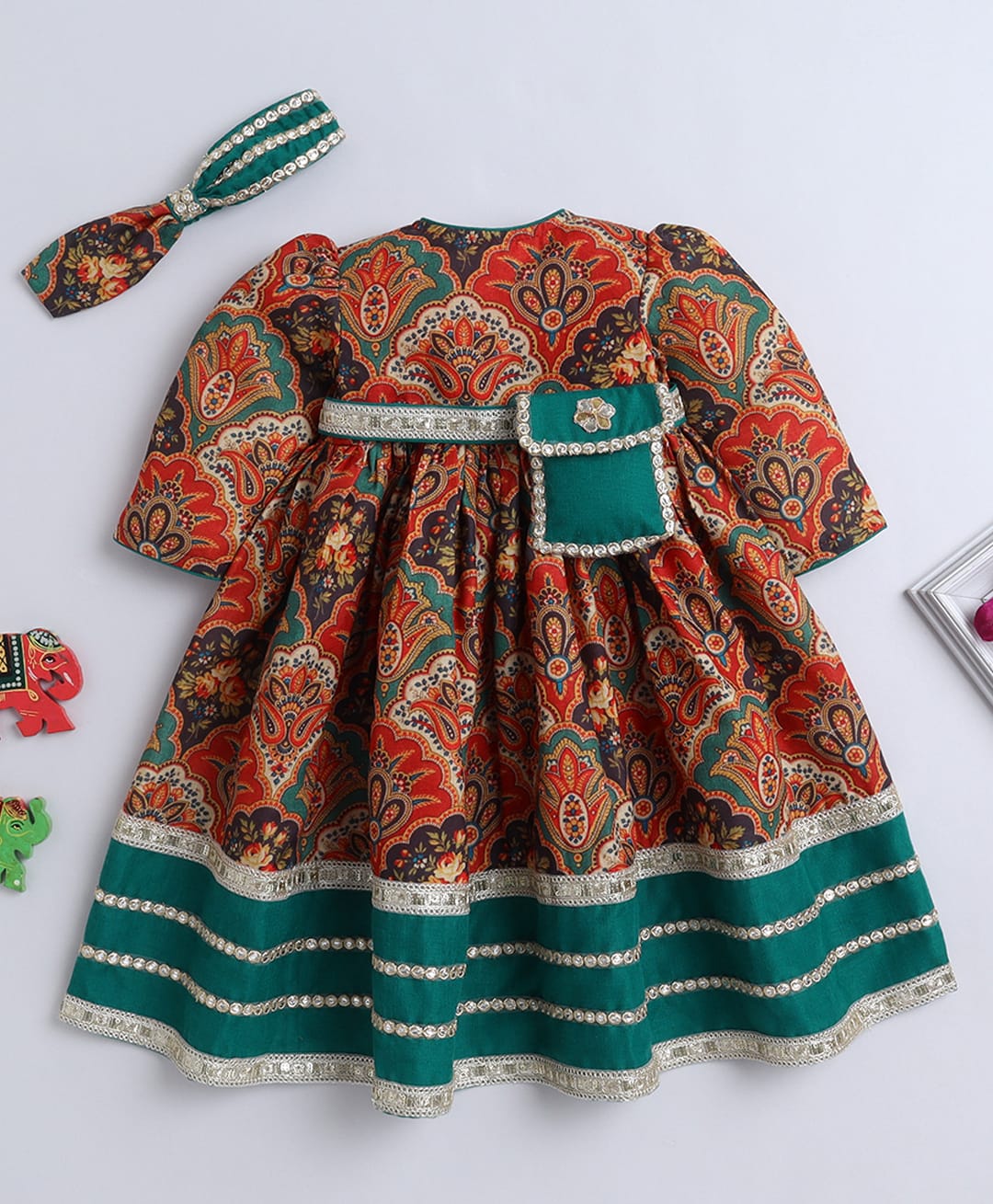 NAVKIYA G Rayon Woven Full Sleeves Ethnic Motif Printed Dress With Headband Set - Green & Multi Colour-image-38