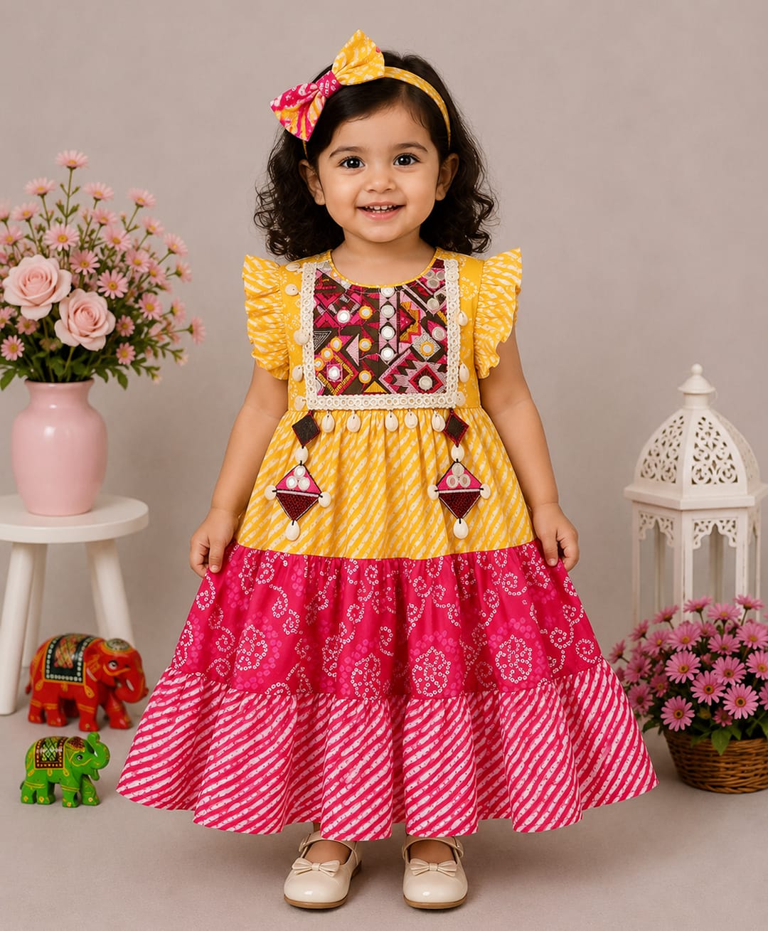 NAVKIYA G Rayon Woven Frill Sleeves Leheriya Printed Shell Embellished Dress With Headband - Multi Colour-image-31