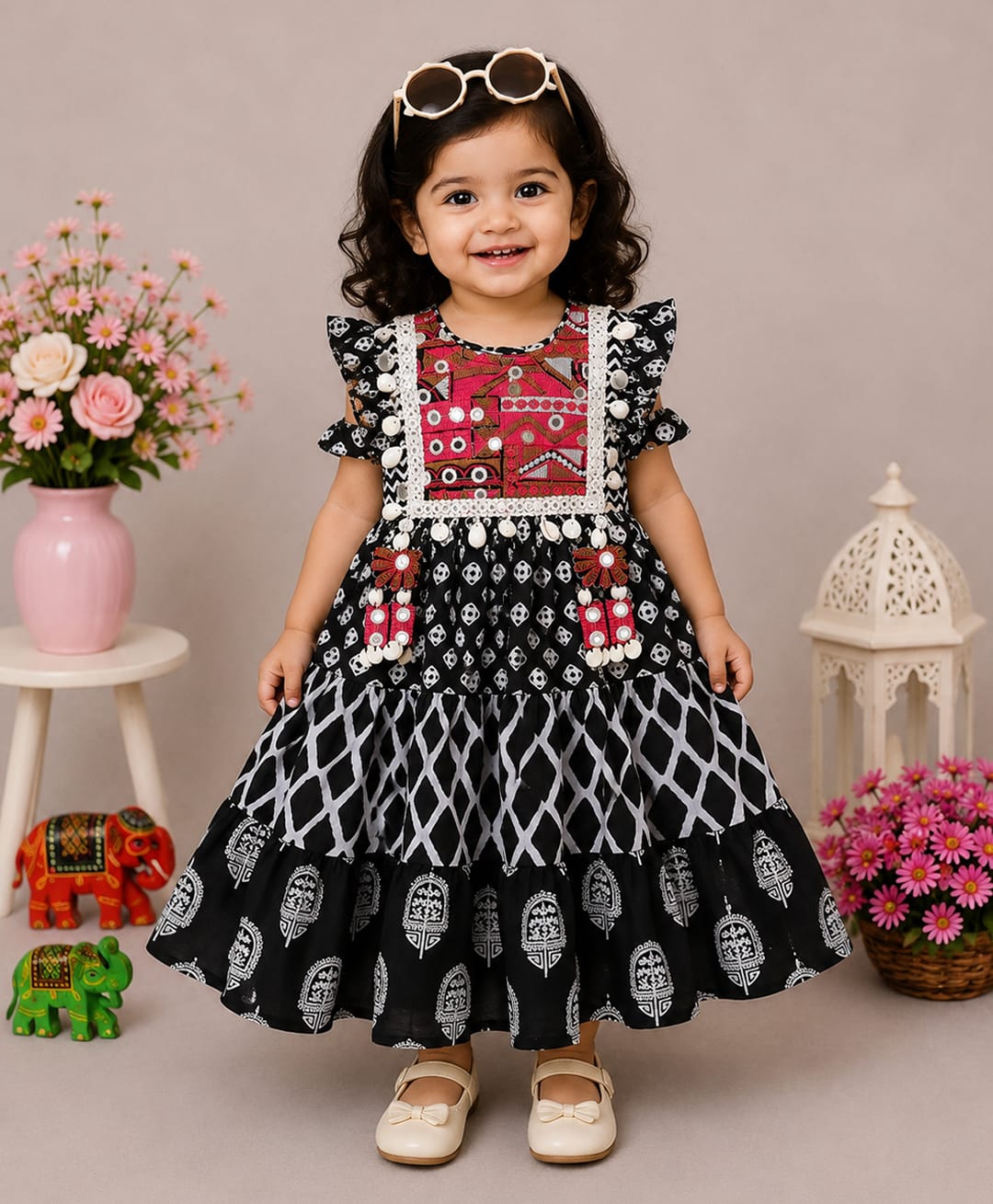 NAVKIYA G Rayon Woven Frill Sleeves Abstract Printed Shell Embellished Dress - Black-image-49