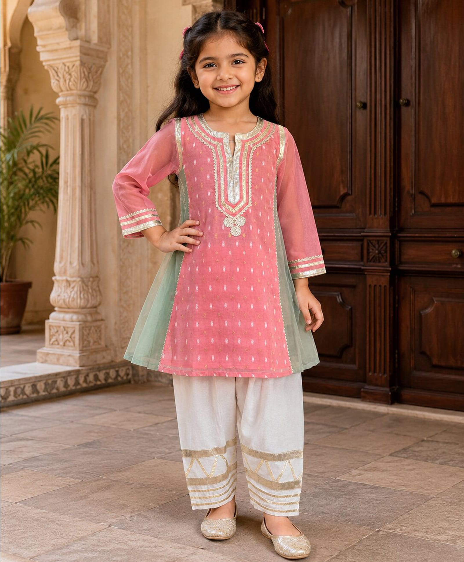 Bitiya By Bhama Chanderi Woven Three Fourth Sleeves Lace Embellished Cut & Sew Detailed Kurti & Salwar Set - Green & Pink-image-33