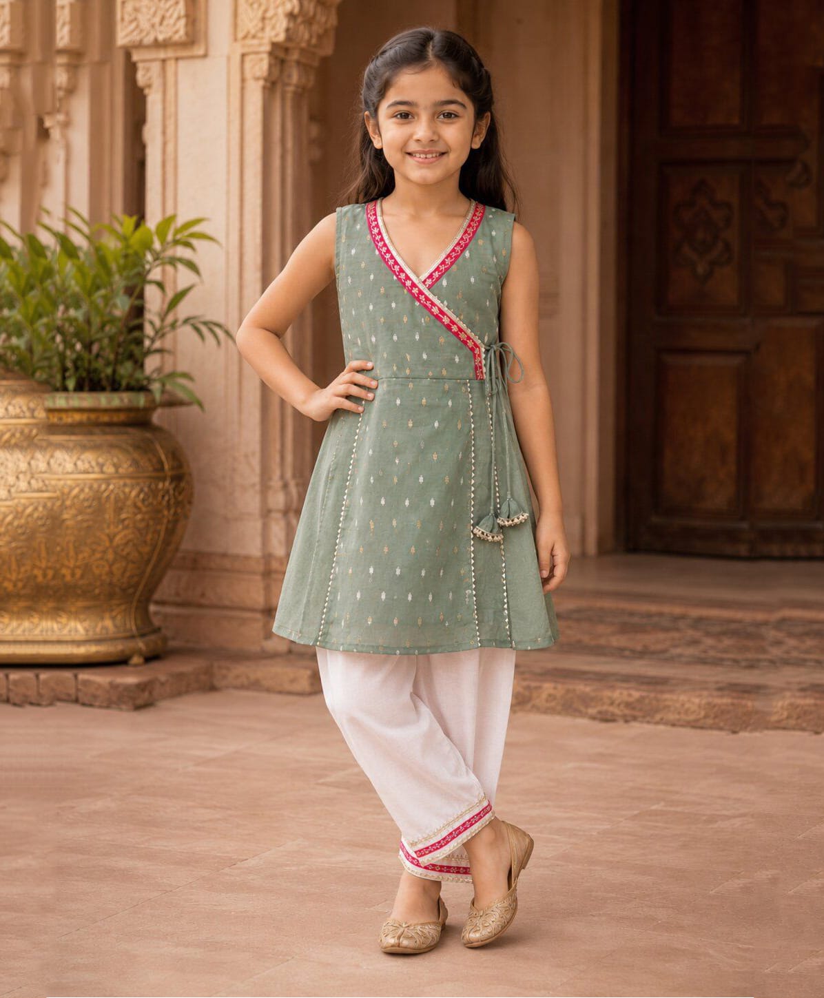 Bitiya By Bhama Chanderi Woven Sleeveless Gota Lace Emellished & Ethnic Motif Printed Kurti & Farsi Salwar Set - Green-image-40