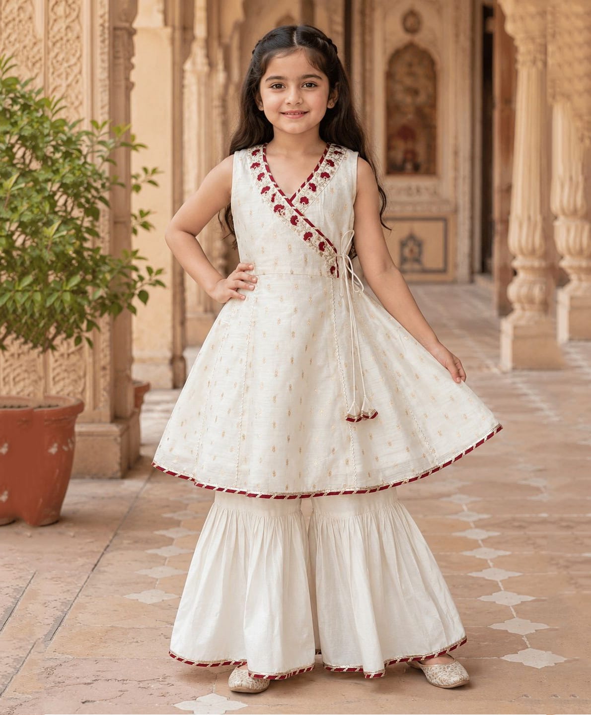 Bitiya By Bhama Chanderi Woven Sleeveless Gota Lace Embellished & Floral Motif Design Thread Work Detailed Kurti Sharara Set - Off White-image-13