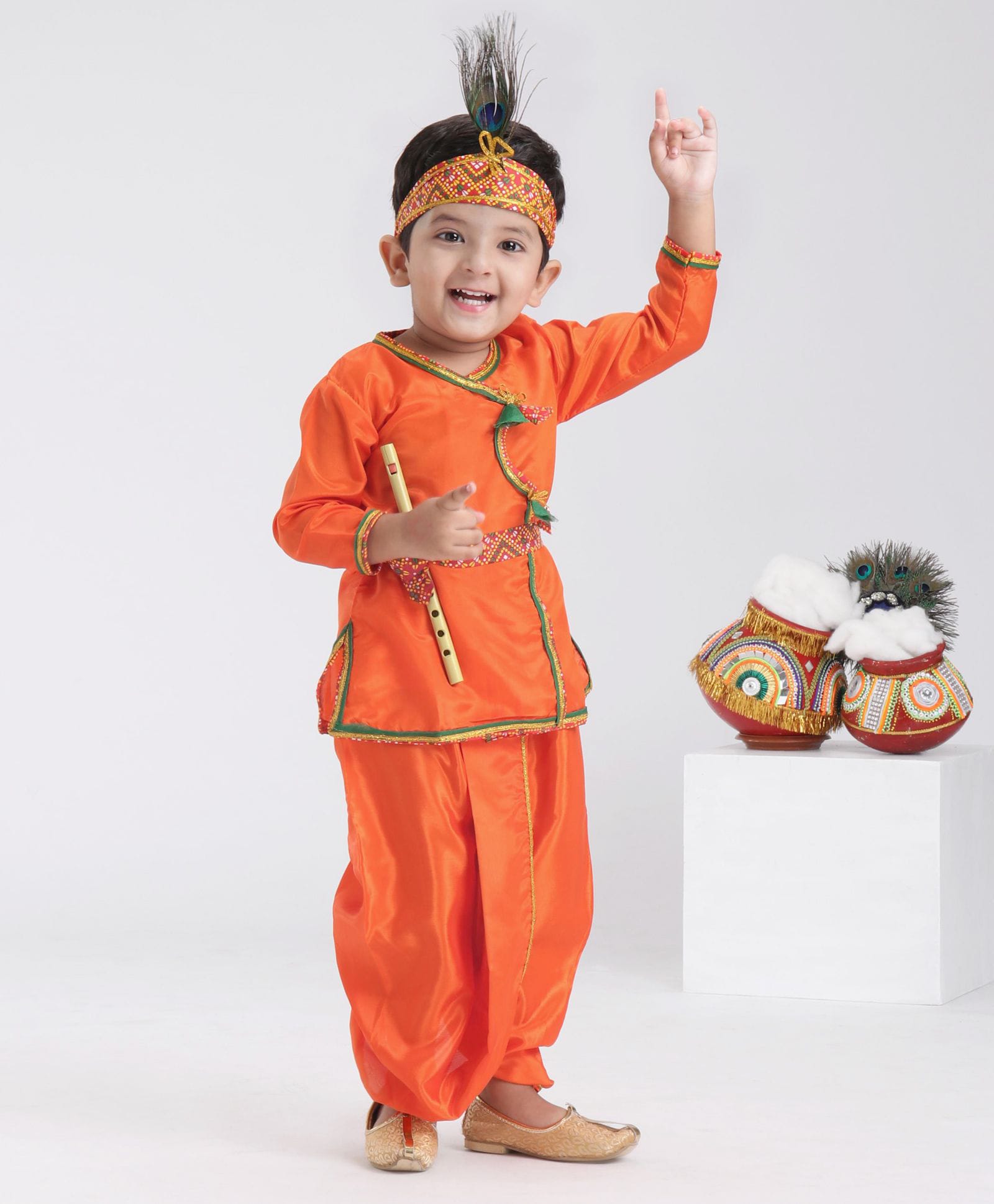 Dapper Dudes Cotton Silk Full Sleeves Kurta Dhoti Set With Mukut, Belt & Flute - Orange-image-20