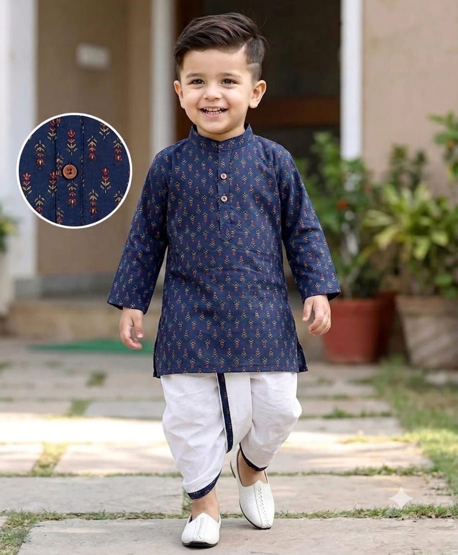 Tiny Bugs Organic Cotton Woven Full Sleeves Floral Printed Kurta & Dhoti Set - Blue-picture-31