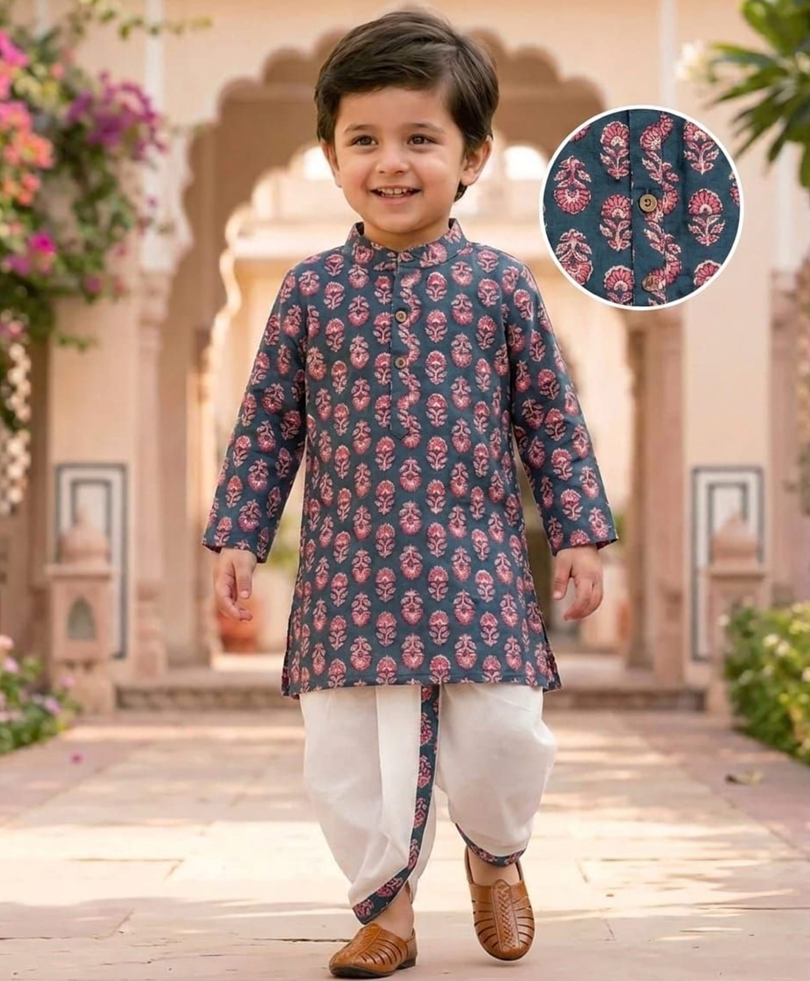 Tiny Bugs Organic Cotton Woven Full Sleeves Floral Printed Kurta & Dhoti Set - Grey-image-46
