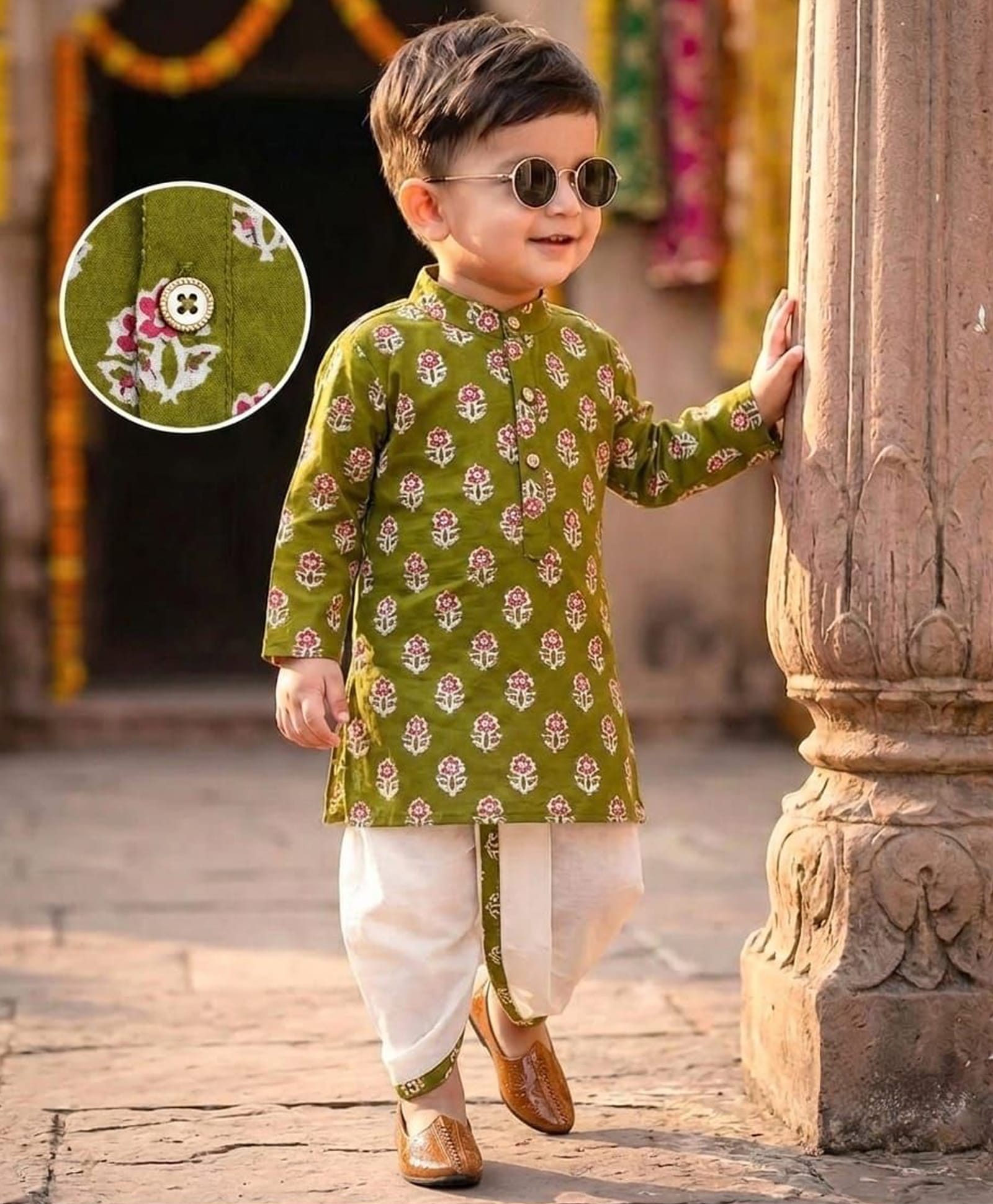Tiny Bugs Organic Cotton Woven Full Sleeves Floral Printed Kurta & Dhoti Set - Olive Green-picture-32