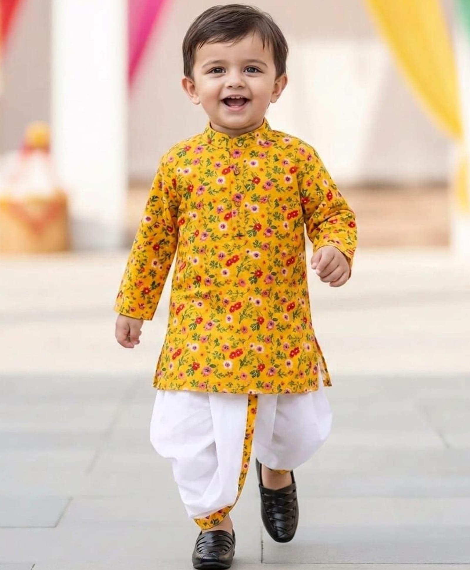 Tiny Bugs Organic Cotton Woven Full Sleeves Floral Printed Dhoti Kurta Set - Yellow-picture-27