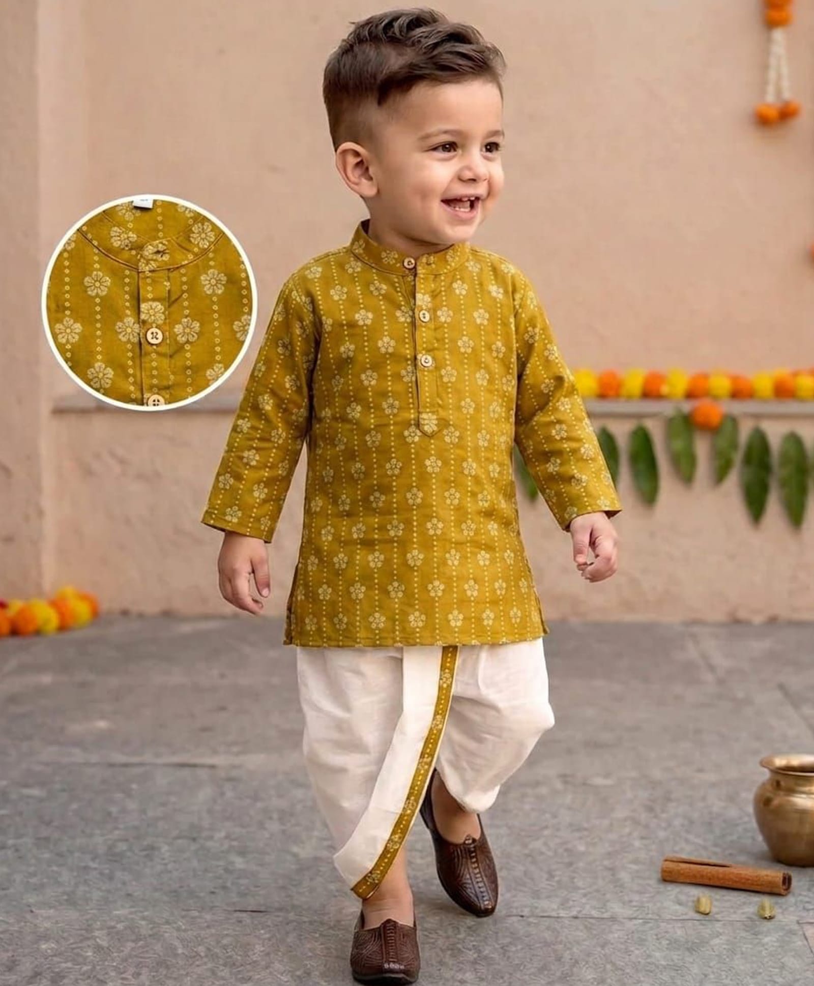 Tiny Bugs Organic Cotton Woven Full Sleeves Floral Printed Kurta & Dhoti Set - Mustard-picture-25