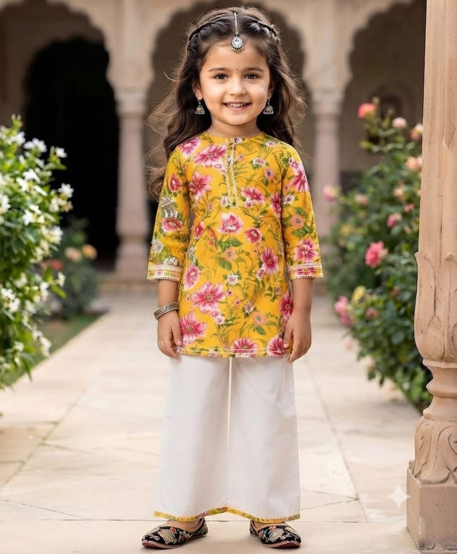 Tiny Bugs Organic Cotton Woven Three Fourth Sleeves Floral Printed Kurti & Palazzo Set - Yellow-picture-15
